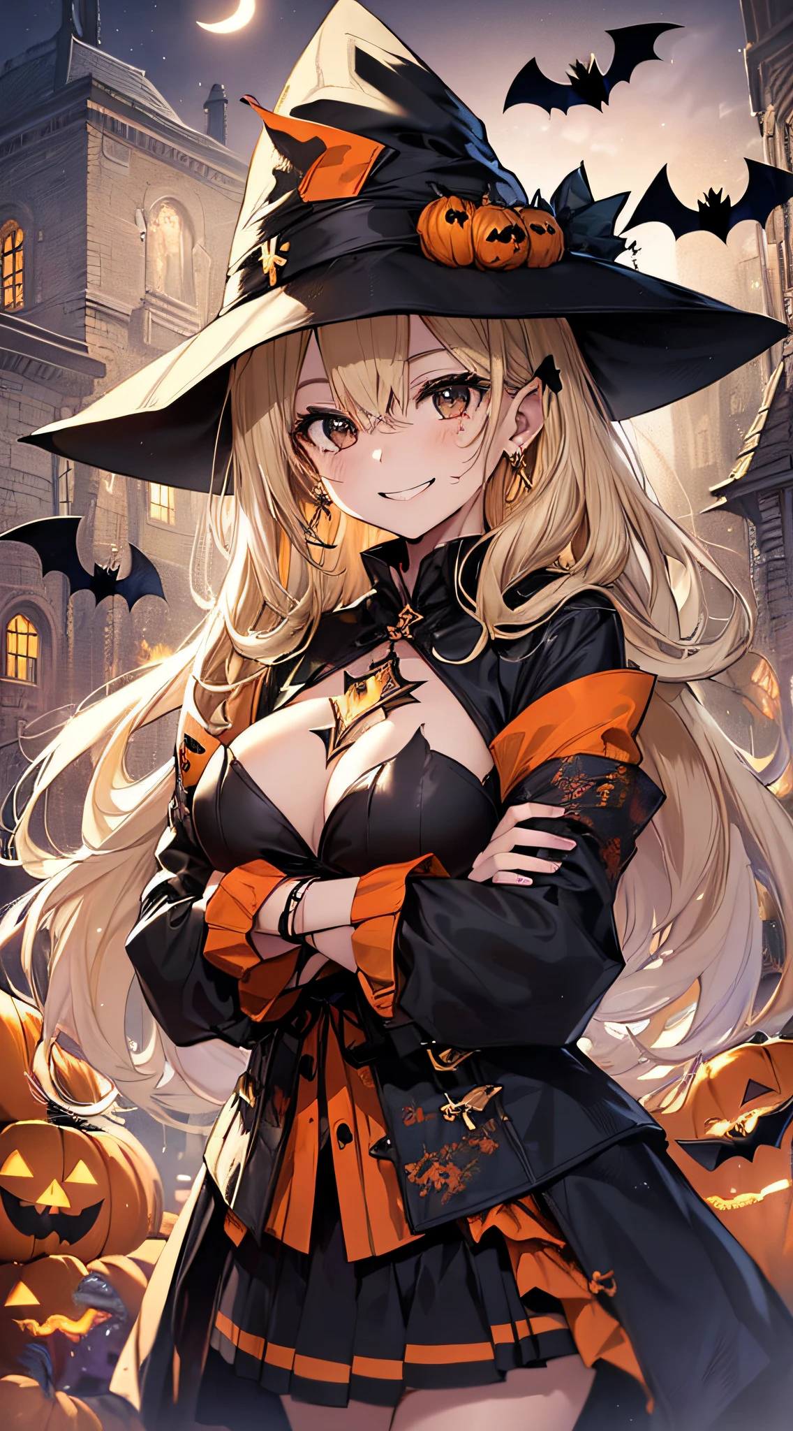 top-quality、Top image quality、​masterpiece、teens girl((18year old,Black Wizard Hat、Black and orange sexy clothes,Orange and black skirt、Orange muffler,Best Bust、Bust 85、Blonde long hair,Black eyes、open chest wide、Valley、Happiness、A slender、Blood coating、Emphasis on the chest、Bats tattoo、Gold Earrings、Cross your arms behind your back、Leaning forward、A smile)）hiquality、Beautiful Art、Background with((natta、dark sky、Halloween at night、the bats、pumpkins,Halloween、Beautiful building)),Depth(Kids enjoying Halloween)masutepiece、Elaborate design、visualart、high contract、The best lighting、highestdetailed、low angles