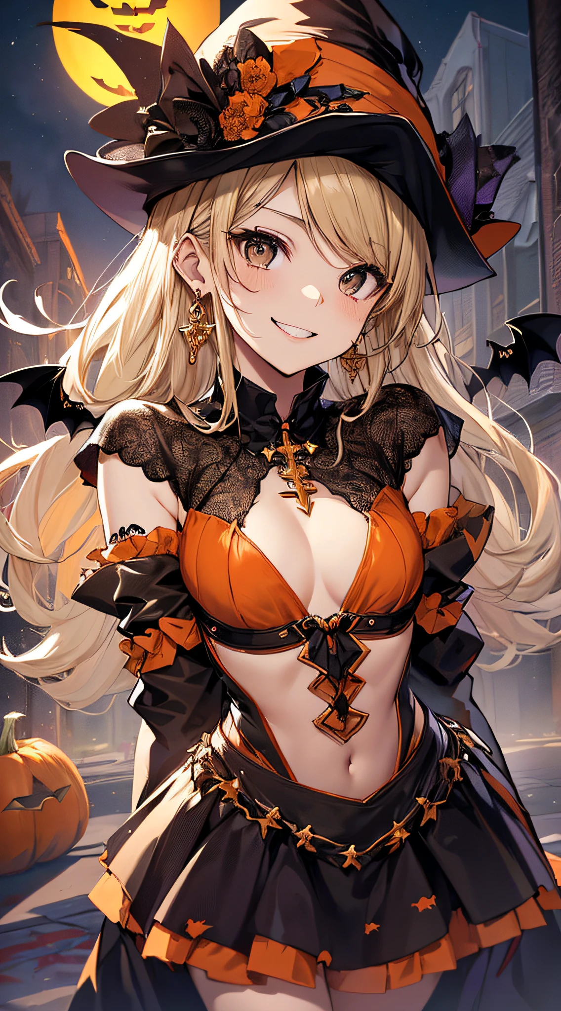 top-quality、Top image quality、masterpiece、s girl((18year old,Black Wizard Hat、Black and orange sexy clothes,Orange and black skirt、Orange muffler,Best Bust、Bust 85、Blonde long hair,Black eyes、open chest wide、Valley、Happiness、A slender、Blood coating、Emphasis on the chest、Bats tattoo、Gold Earrings、Cross your arms behind your back、Leaning forward、A smile))hiquality、Beautiful Art、Background with((natta、dark sky、Halloween at night、the bats、pumpkins,Halloween、Beautiful building)),Depth(Kids enjoying Halloween)masutepiece、Elaborate design、visualart、high contract、The best lighting、highestdetailed、low angles
