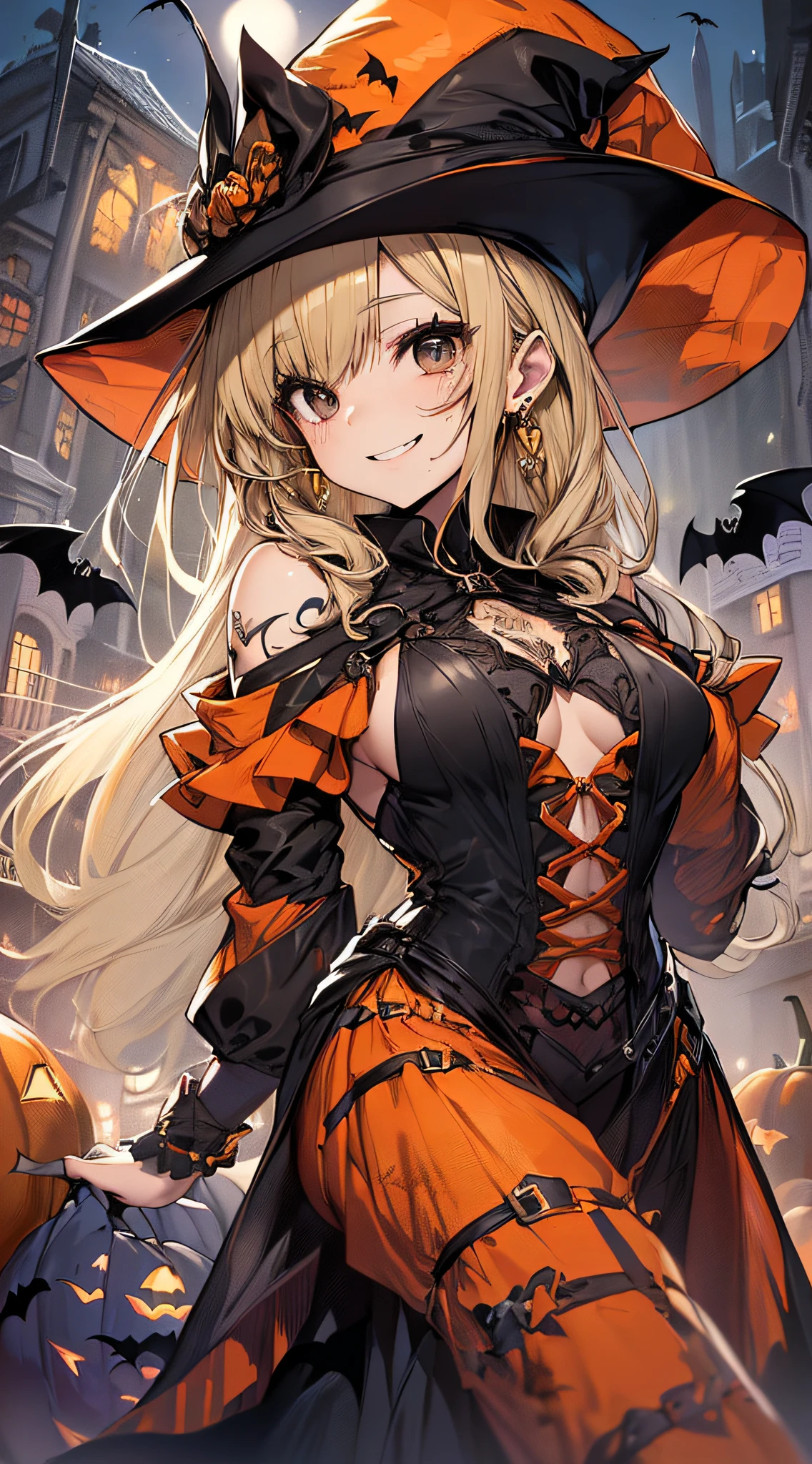 top-quality、Top image quality、​masterpiece、teens girl((18year old,Black Wizard Hat、Black and orange sexy clothes,Orange and black skirt、Orange muffler,Best Bust、Bust 85、Blonde long hair,Black eyes、open chest wide、Valley、Happiness、A slender、Blood coating、Emphasis on the chest、Bats tattoo、Gold Earrings、Cross your arms behind your back、Leaning forward、A smile)）hiquality、Beautiful Art、Background with((natta、dark sky、Halloween at night、the bats、pumpkins,Halloween、Beautiful building)),Depth(Kids enjoying Halloween)masutepiece、Elaborate design、visualart、high contract、The best lighting、highestdetailed、low angles