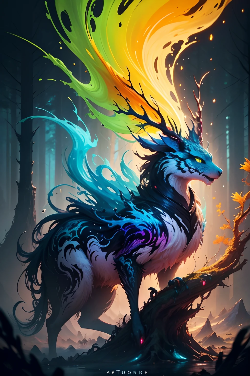 Beautiful animated creature, forest background)), epic Instagram, artstation, Dripping Abstract Paint, splash style of colorful paint, contour, hyperdetailed intricately detailed , Vibrant Colors, unreal engine, fantastical, intricate detail, splash screen, complementary colors, fantasy concept