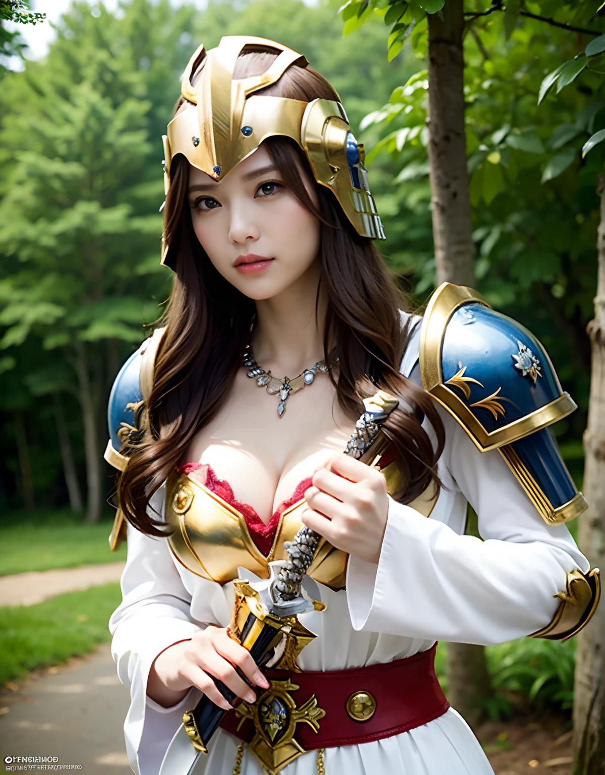 Professional , masterpiece、top-quality、photos realistic , depth of fields ,top-quality、masterpiece、超A high resolution、(Photorealsitic:1.4)、Raw photo、女の子1a person、(Wind element),((Mystical expression)),dream magical,tornado,Lightning,cleavage of the breast、Castle background,(Detailed Gold Jewel Body:1.6),(Matte White、Jewel Gold Weapon_、(Detailed silver metal body:1.4),Gorgeous Jewel Metal Weapons ,(( Detailed Sword of the Brave)) ,(Stand in front of the dragon)、(magic circles、Magic Chanting)、 Castle background ,warhammer 40k ,,Wear a gorgeous jewel helmet with attention to detail、Brown hair、((Gangle's forest background))、Beautiful Caucasian beauty、1a person、dynamic ungle,(((Detailed Legend Armor Jewelry Helmet)))、Particles of light、cleavage of the breast、Battle Pose、Mystical expression、Toostock、Toostock、