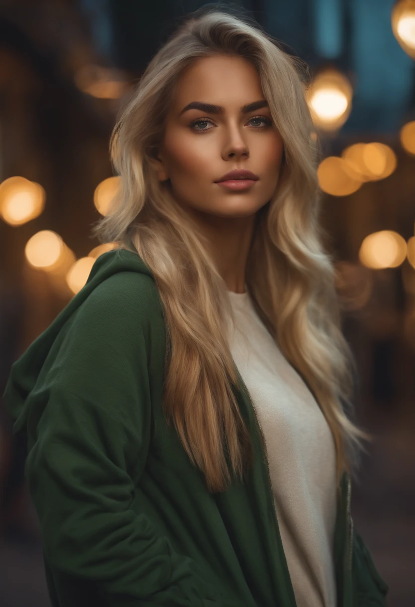 chica realista, rubia ,pelo largo, con una flor entre el pelo, sudadera, 4k , pelo corto