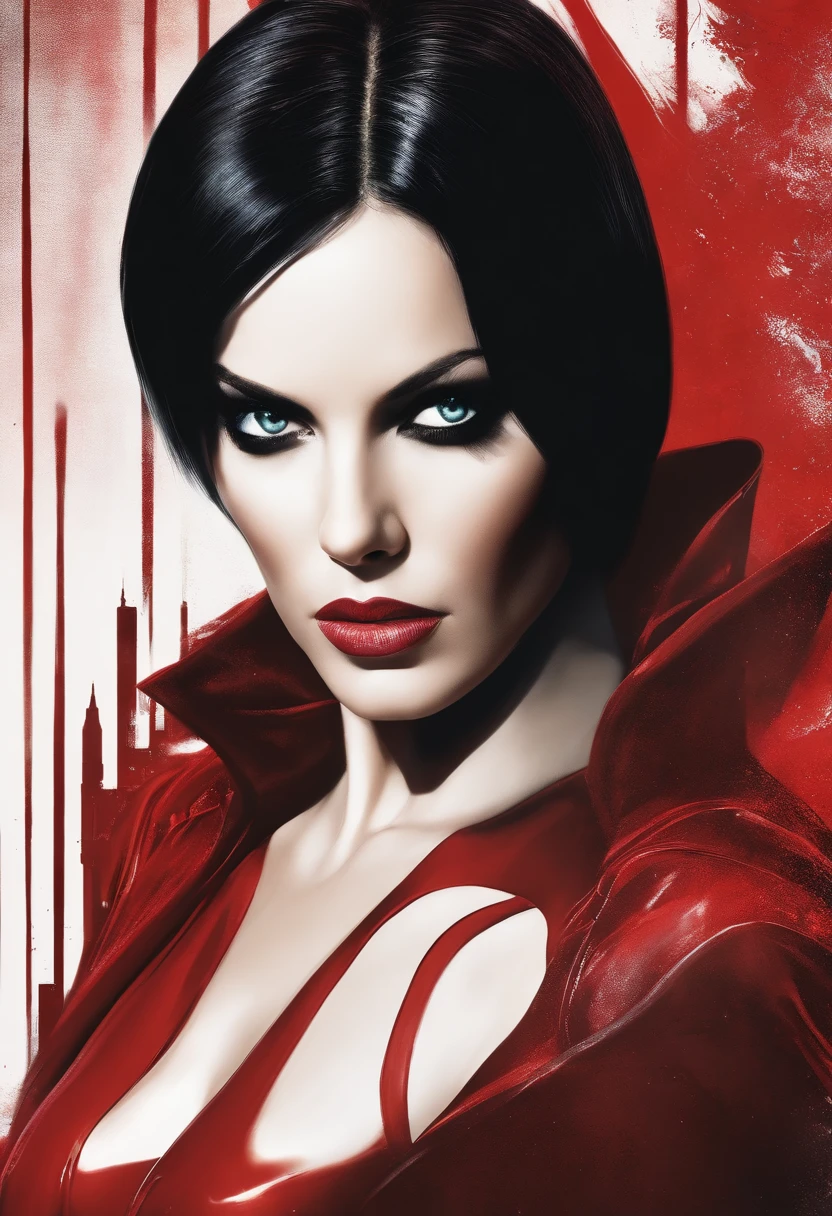 movie poster featuring Aeon Flux, close-up, red dress, in the style of mysterious backdrops, chiaroscuro, digital painting, animated expressions, dynamic pose, background in the style Ghost in the Shell, graffiti airbrushing techniques, high definition, accent lighting, contrasted with bright paint colors, by Squal92i