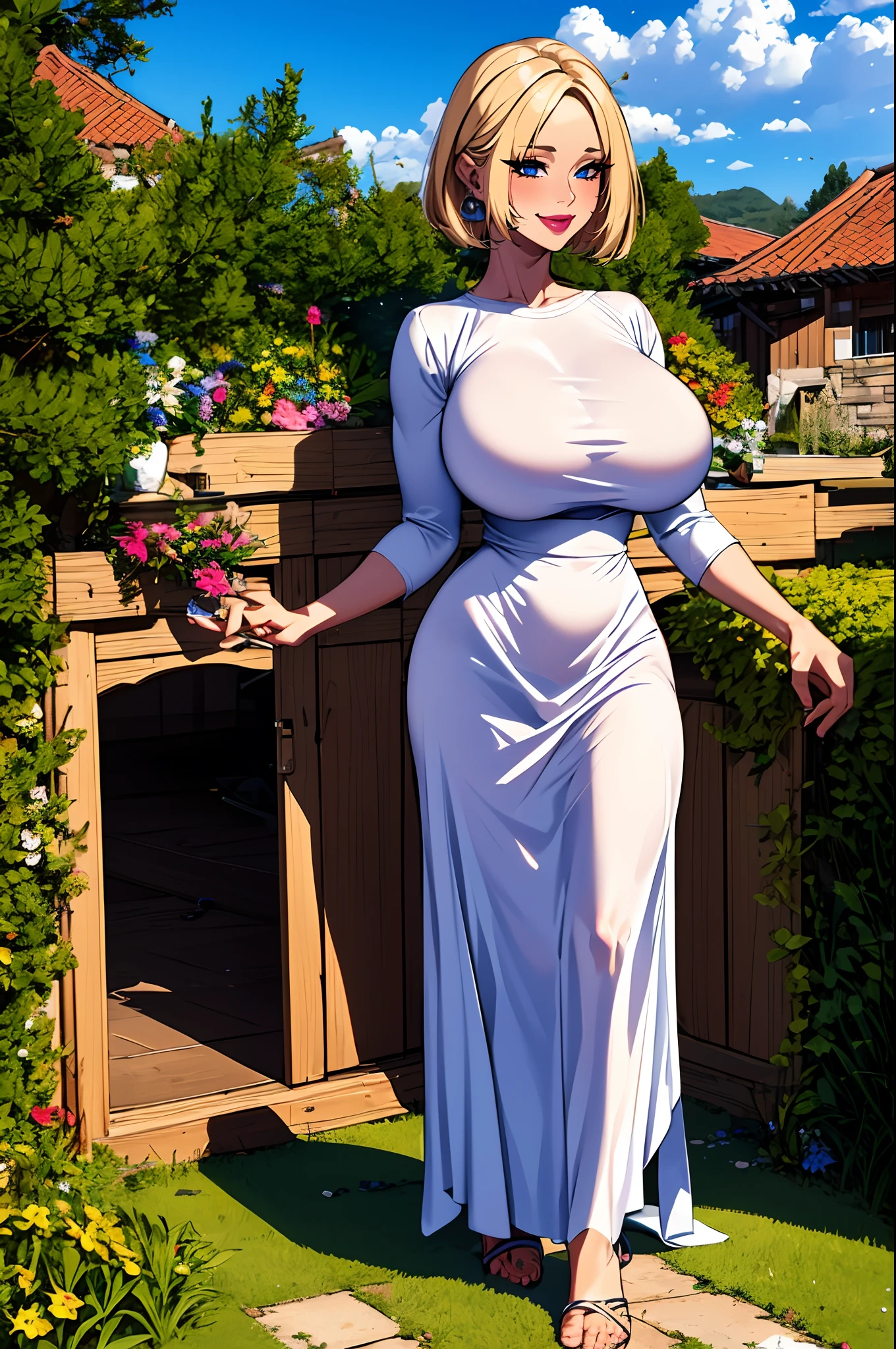 ,bimbo, slim waits, short hair, lipstick, wide hips, huge breasts, , huge breasts, milf,blonde hair, short hair, lipstick, makeup, , (blue eyes), perfect eyes, earrings, smiling, blushing, walking,*priestess, pullover, , walking flipflops, long skirt, medieval clothing, solo, floral crow, staff, wizard, full body, flipflops, medieval village, long robo, long skirt, big skirt,Ancient Chinese architectural style, pant, largen skirt, pants, pantyhose, long skirt, blue, cloths