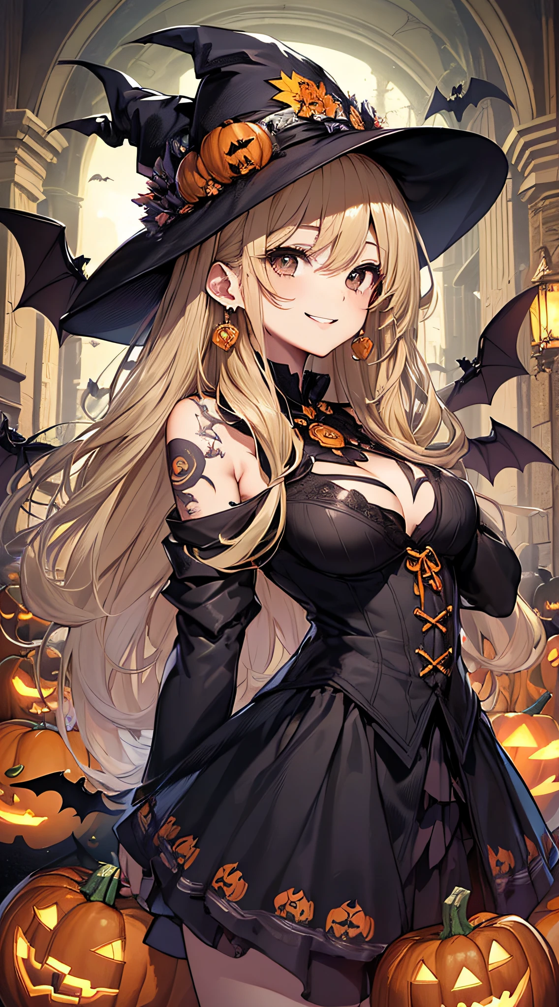 top-quality、Top image quality、masterpiece、teens girl((18year old,Black Wizard Hat、Black and orange sexy clothes,Orange and black skirt、Orange muffler,Best Bust、Bust 85、Blonde long hair,Black eyes、open chest wide、Valley、Happiness、A slender、Blood coating、Emphasis on the chest、Bats tattoo、Gold Earrings、Kneeling on the bed))hiquality、Beautiful Art、Background with((natta、the bats、pumpkins,Halloween、Nice and clean room.、a bed))masutepiece、Elaborate design、visualart、high contract、The best lighting、highestdetailed、low angles