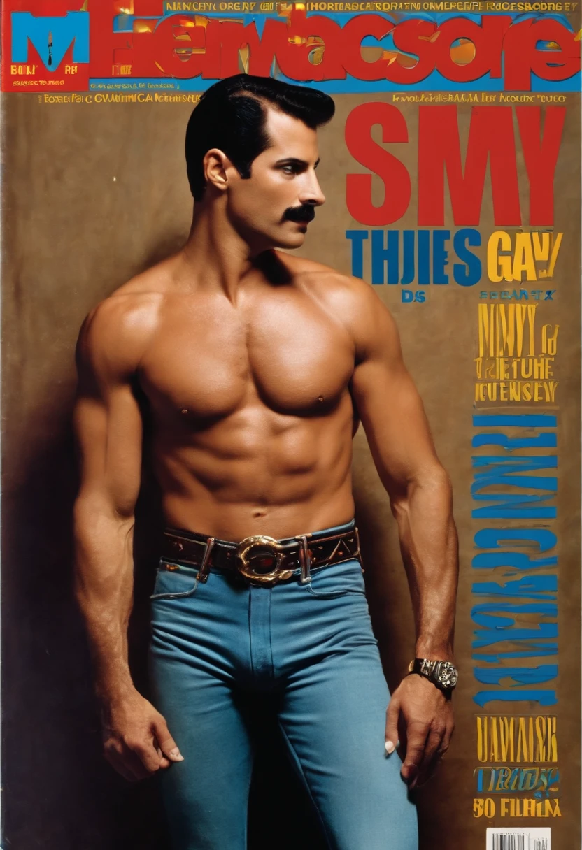 Muscular Freddie Mercury in Jeans on Steroids on Gay Magazine Cover