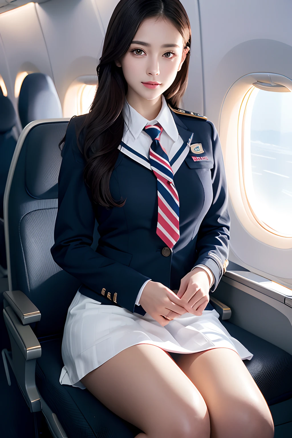 Top Quality, Masterpiece, 8K, Ultra High Definition, (Photorealistic: 1.4), 1 Girl, Beautiful Face, Symmetrical Eyes, Big, Perfect Body Proportions, Stewardess Uniform, Viewer's Look, (Inside the Airplane: 1.2), Front View, Shoulder Jump, Absolute Area (1.3),