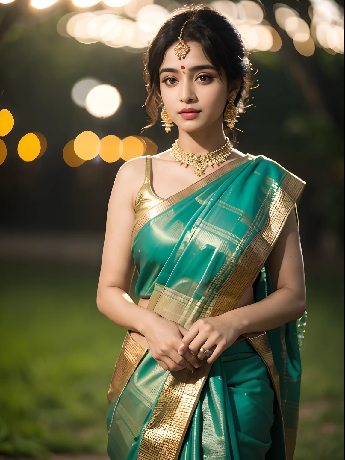 Nilima Simran , saree, traditional wear, outdoor, evening lighting, park background, Bokeh, depth of field, 1.2 aperture, candid photoshoot , perfect face, perfect eyes, perfect lips, half body view, ((realistic:1.3))