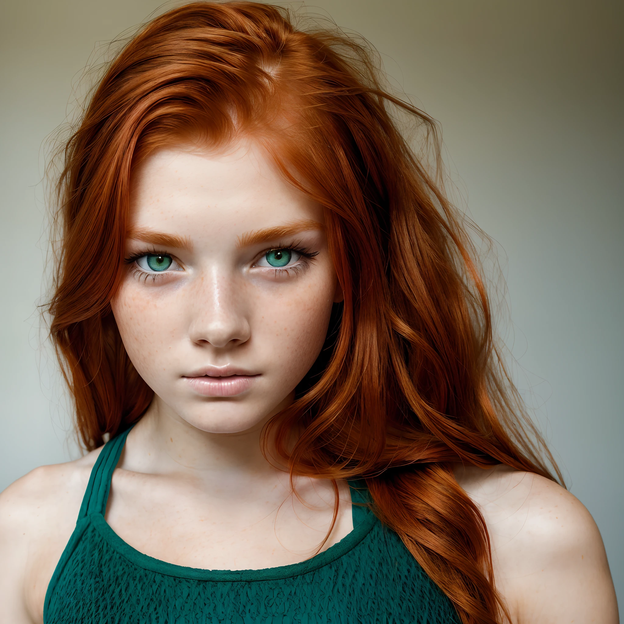 raw, a photo of a seductive ager with loose styled, (redhead hair:1.2), bored, green eye she is wearing a blue halter top, mascara, close up of face, (textured skin, skin pores:1.1), imperfect skin, goosebumps, flawless face, (sun-kissed:1.1), ((photorealistic):1.1), green eye