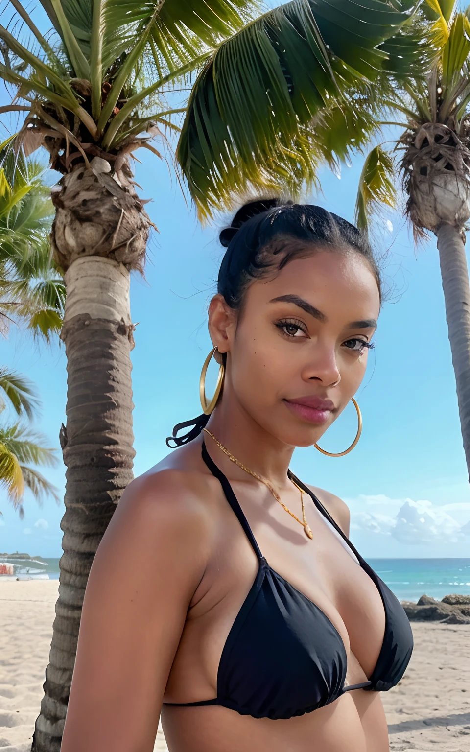 photorealistic, best quality, hyper detailed, beautiful black woman, busty, selfie photo, upper body, solo, wearing bikini, outdoors, (day), beach, real life nature, sun, palm trees, (cheerful, happy), gold jewelry, analog style, looking at viewer, skin texture, film grain, close up, ultra high res, best shadow, RAW, instagram LUT