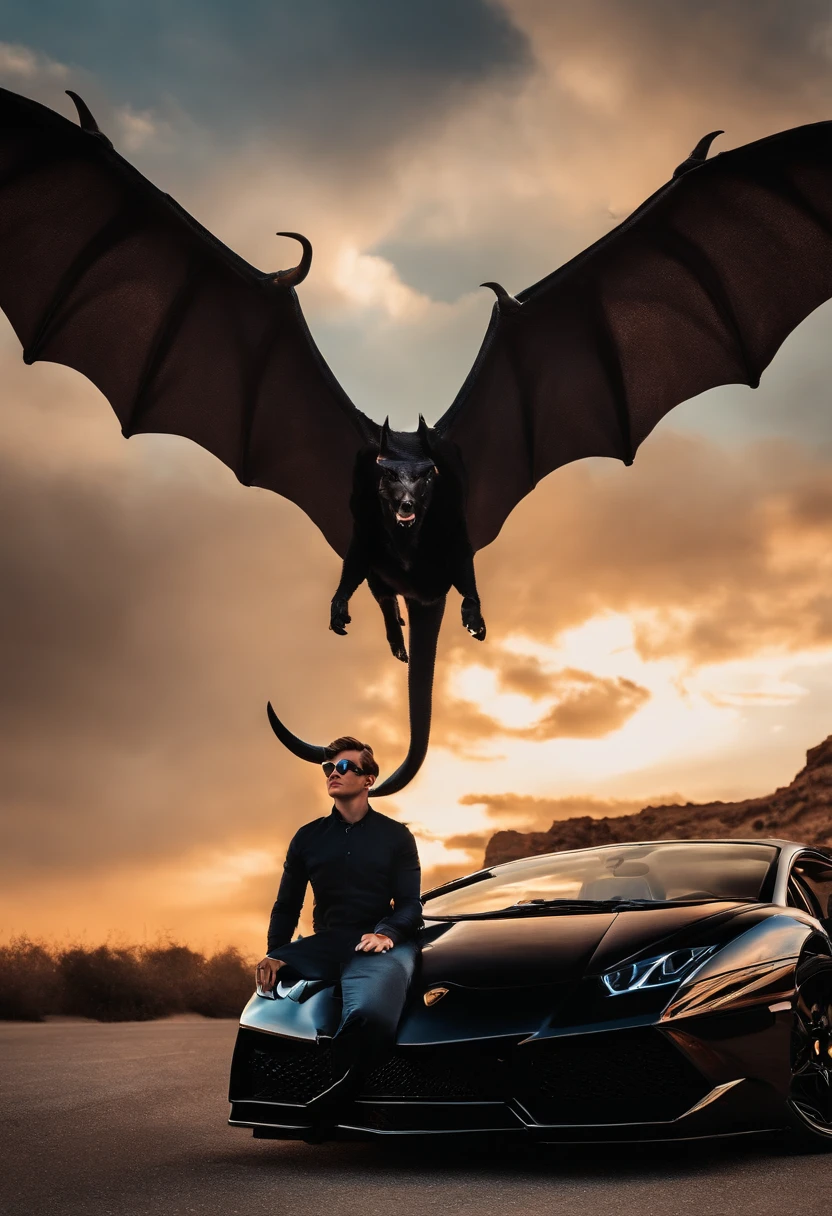 A BOY DEVIL EYES WITH DEVIL WINGS AD HEAD CARUON IN HEAD WITH ORIGINAL FACE WITH REALISTIC BACKGROUND WITH BLACK LAMBORGHINI MAN BETWEEN SKY IS OSAM