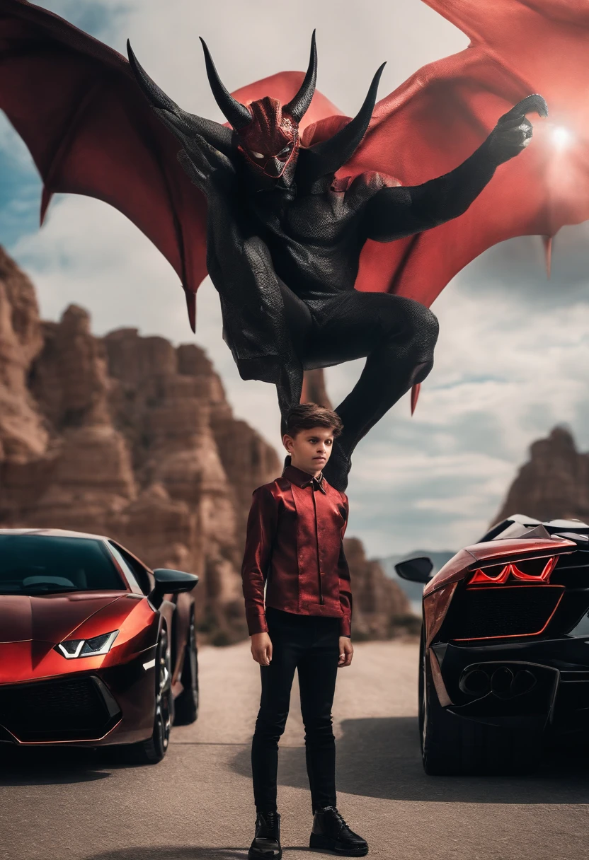 A BOY DEVIL EYES WITH DEVIL WINGS AD HEAD CARUON IN HEAD WITH ORIGINAL FACE WITH REALISTIC BACKGROUND WITH BLACK LAMBORGHINI MAN BETWEEN SKY IS OSAM