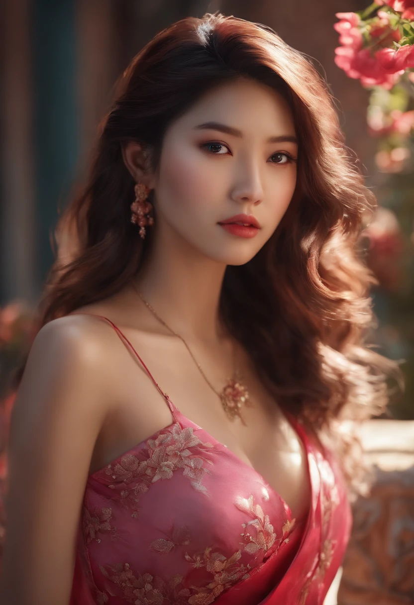 Asian or Spanish realistic girl , 4k, con pelo rosa, que le gusta el anime y tiene un vestido rojo
