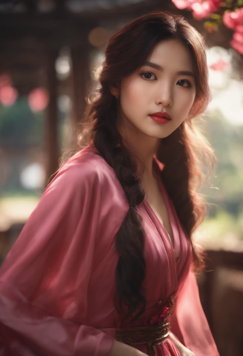 Asian or Spanish realistic girl , 4k, con pelo rosa, que le gusta el anime y tiene un vestido rojo