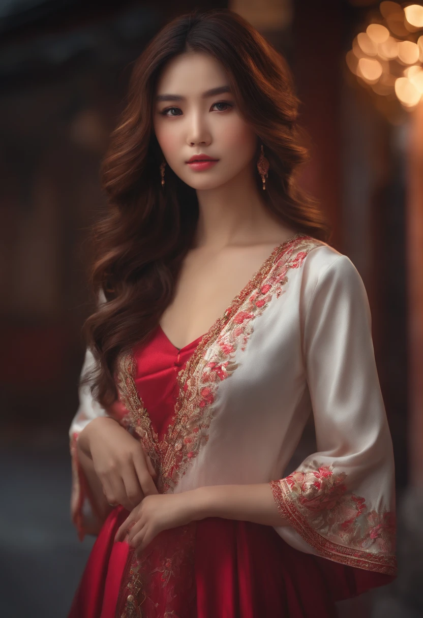Asian or Spanish realistic girl , 4k, con pelo rosa, que le gusta el anime y tiene un vestido rojo