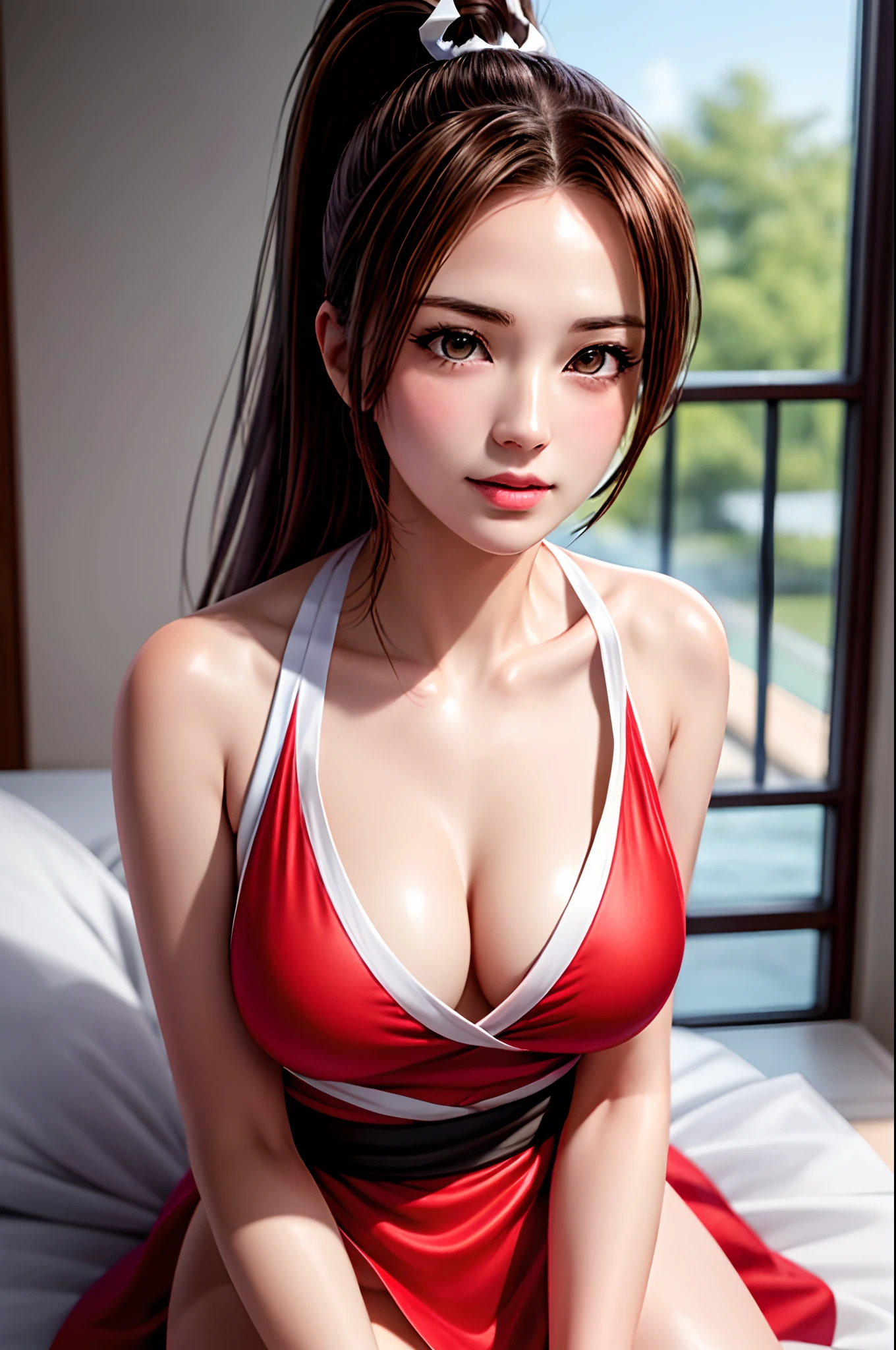 8K,top-quality,Real Image,intricate detailes,超A high resolution,Depth Field,masuter piece,natural soft light,profetional lighting,1 girl in,(cute little:1.2),Very beautiful 17 year old cartoon girl, photorealistic anime girl render, realistic anime 3 d style,A detailed eye,((Brown-eyed)),(Brown hair), Blake Super Detail Face, Detailed eyes, (Large breasts: 1.2),mai shiranui, Bare shoulders, Brown High Ponytail, hair tie, Slim abs: 1.3,Full body, stylish hair, big breasts thin waist, Perfect clavicle, ((No bra)), ((Wide Open Chest Red Mini Dress)), Beautiful eyelids,Hair Ornament, ear ornament
