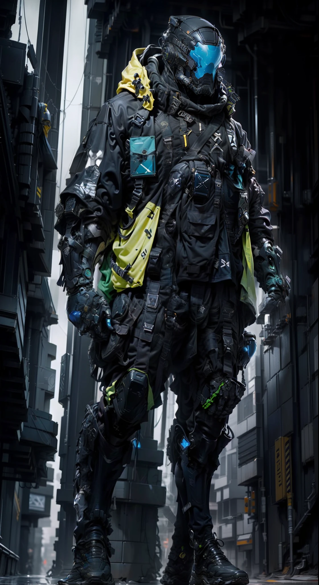 1man, a futuristic-looking man with a fantastic ((square cyberhelmet head with blue lights)), ((blue chrome mechanical arms)) and ((iron gray mechanical hands)), dressed in a ((blue techwear jacket)) and a ((black tactical trousers)), standing in cyberpunk city, face focus, UHD, anatomically correct, best quality, masterpiece, full body panel, yellow color