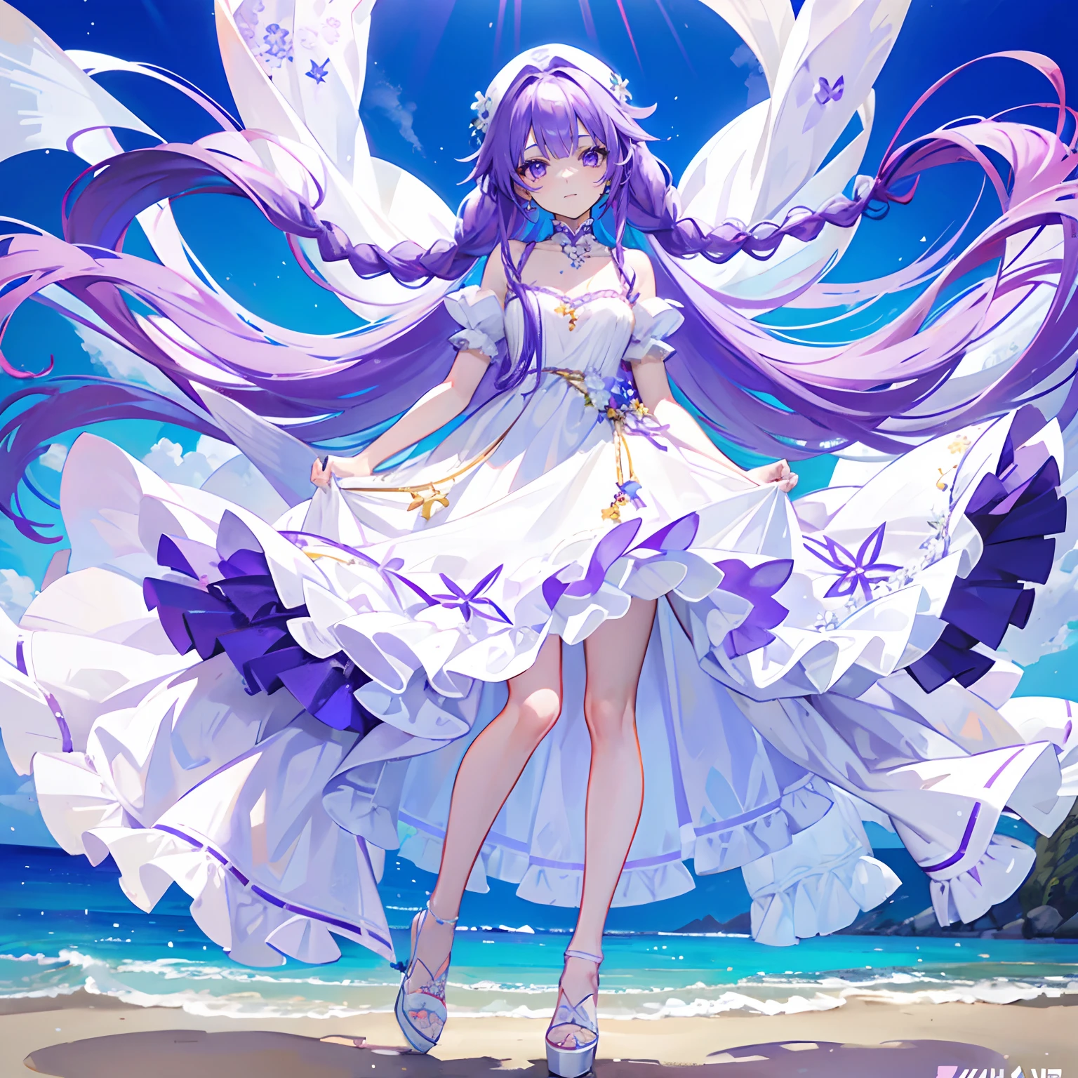 Purple colored hair,long whitr hair,Purple eyes,Twist braids,adolable,teens girl,White gorgeous beautiful dress,Wearing white high heels on his feet,full-body photo on the front,All body,Fingers and arms are not exposed,Background sandy beach,Blue flowers,There are blue flowers,with blue sky and white clouds,Happy expression