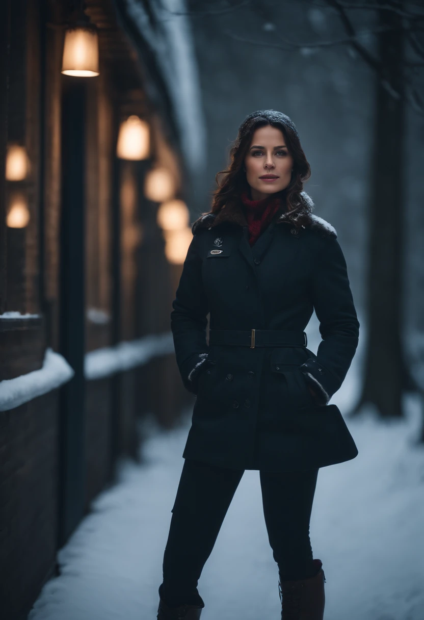 A beautiful brunette pilot girl, beautiful, moody lighting, best quality, full body portrait, real picture, intricate details, depth of field, in a cold snowstorm, , Fujifilm XT3, outdoors, Beautiful lighting, RAW photo, 8k uhd, film grain, unreal engine 5, ray trace
