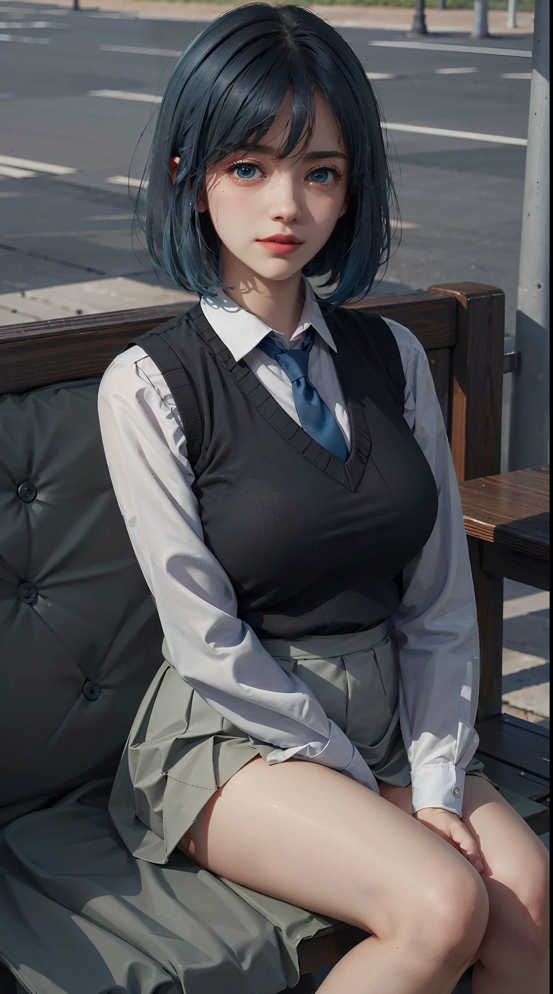 (Masterpiece: 1.3), Best Quality, Ultra High Resolution, 1girll, (big boobs:1.3), (blue hair, green eyes, bangs, short hair) ((girl akanekurokawa )) pe rfect eyes, has an extremely sexy body, with full breasts and a thin waist, and an extremely sexy body, skirt, socks, sneakers, shoes, white footwear, black socks, pleated skirt, kneehighs, white shirt, blue necktie, long sleeves, vest, collared shirt, ,has a bold look. young, (quality, Ultra high Detail, realistic, cute expression), happy, calm, (in the park), (sitting on a park bench)