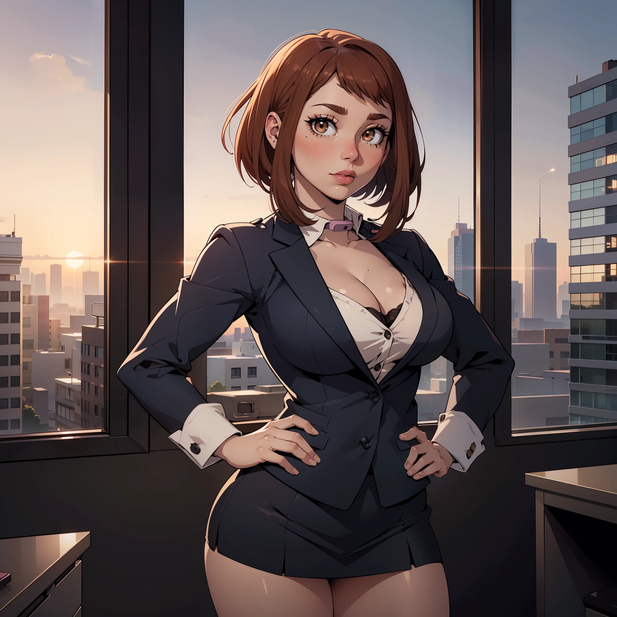 (highres, high quality:1.3), intricate details, cinematic lighting, sharp focus, depth of field, Ochaco Uraraka
Ochaco Uraraka, 1girl, solo, mature female, looking at viewer, standing, hands on hips, office, window, evening, sunset,
serious, makeup, lipstick, (mole under mouth:0.8), eyelashes, detailed eyes, perfect face,
business suit, formal, skirt suit, jacket suit,
large breasts, cleavage, thighs,