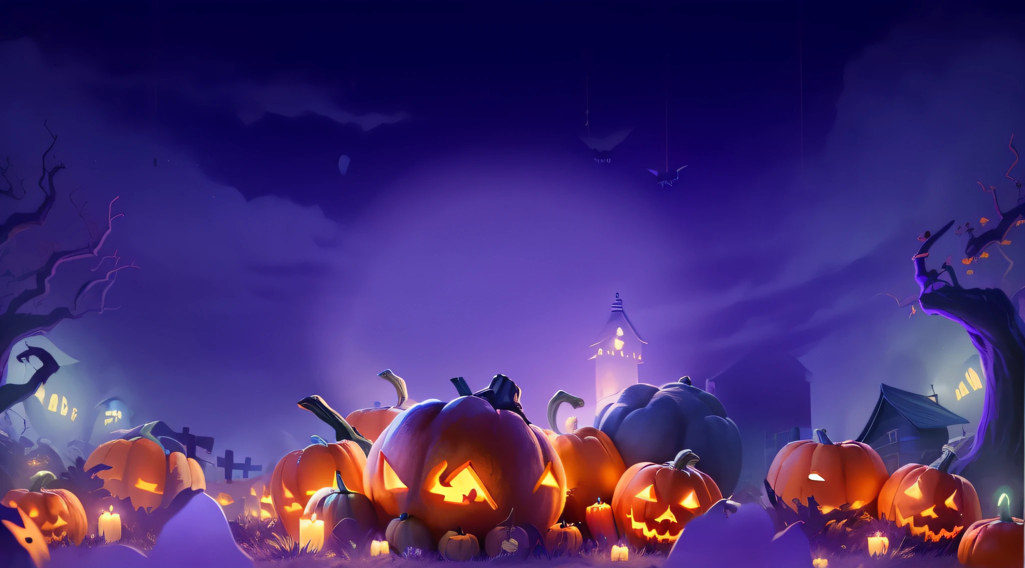There are a lot of pumpkins sitting on the ground, halloween wallpaper with ghosts, background-image, background artwork, halloween celebration, halloween art style, scary magical background, halloween night, game background, spooky halloween night, Halloween, halloween atmosphere, arte de fundo, halloween scene, haunted background, 2 d cg, halloween theme, spooky halloween theme, pumpkin farm background