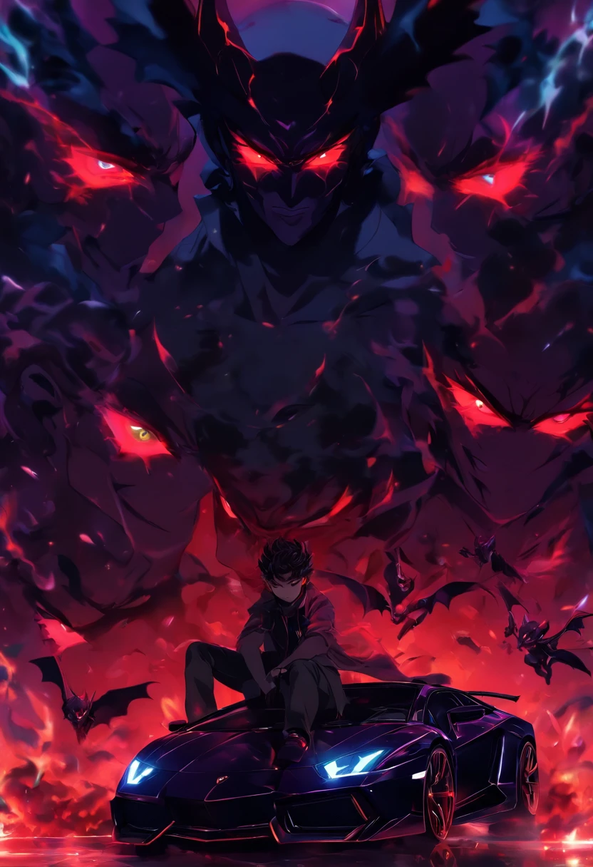 A BOY DEVIL EYES WITH DEVIL WINGS AD HEAD CARUON IN HEAD WITH ORIGINAL FACE WITH REALISTIC BACKGROUND WITH BLACK LAMBORGHINI MAN BETWEEN with girls
