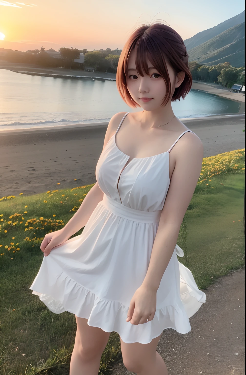 1girl, autumn, autumn_leaves, bangs, beach, blue_sky, blush, breasts, brown_hair, closed_mouth, cloud, cloudy_sky, collarbone, day, dress, field, flower, flower_field, horizon, lake, leaf, looking_at_viewer, mountain, mountainous_horizon, ocean, outdoors, palm_tree, petals, plant, red_flower, short_hair, skirt_hold, sky, smile, solo, standing, sunset, tree, twilight, water, white_dress, perfect eyes