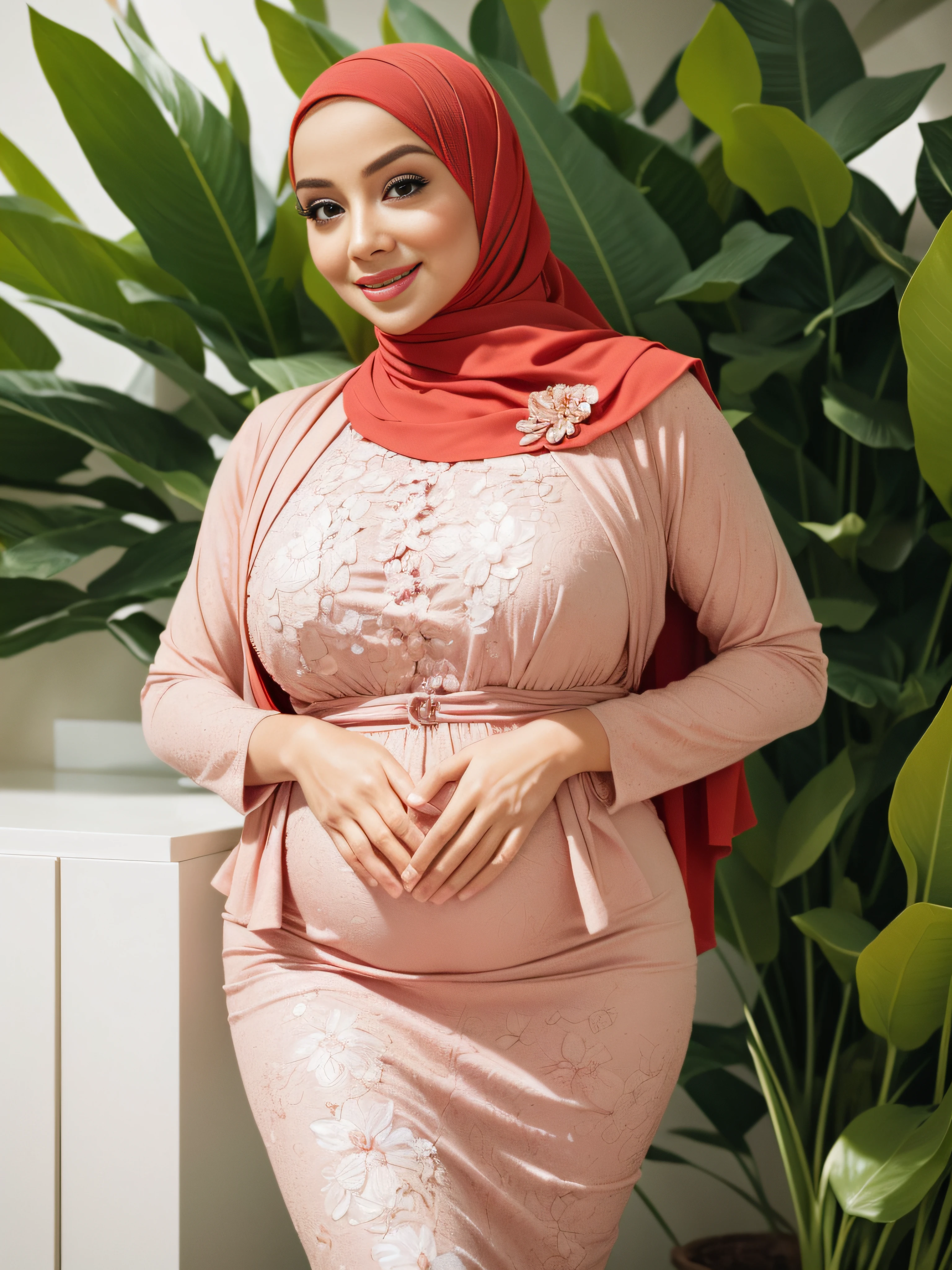 RAW, Best quality, high resolution, masterpiece: 1.3), beautiful Malay woman in hijab wear soft green Mini peplum Dress with floral pattern,(long sheer mini dress),(big breasts) , (masterpiece, perfect body),(absurdres:1.3), walking, (detail skin:1.3, facial details:1.3), from above, looking at the viewer, sharp focus, smooth, (Malay beauty:1.3), (mature woman: 1.2), (large breasts:1.4, thick thighs:1.2, narrow:1.1) , sweet smile, (big_eyes:1.2, brown_eyes), red_eyeshadow, pink lips,looking at the viewer, street, (bokeh ),(sunlight on face:1.5), open_blazer, (pregnant 1.3)