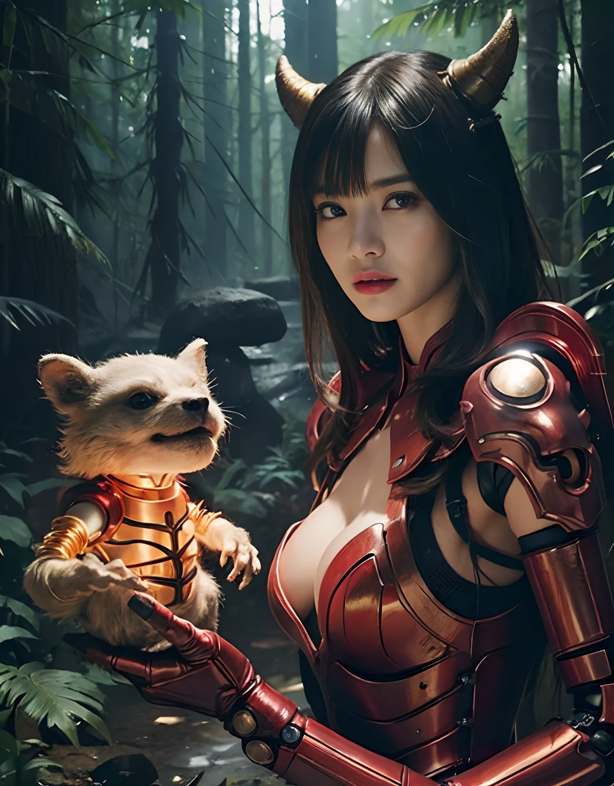 (1 Mechanical Girl)、top-quality、masterpiece、超A high resolution、(Photorealsitic:1.4)、Raw photo、女の子1人、Fight mutants、glowy skin、(((1 Mechanical Girl)))、With a beautiful knife、(Yellow Metal Bodysuit)、(Kobold、ogre、Fierce battle with orcs),(Fight fiercely against aliens)、Fight fiercely、(beautiful forest background)、(Fighting Demonic Beasts)、(Small LED)、((super realistic details))、portlate、(Strong giant demon beast background),globalillumination、Shadow、octan render、8K、ultrasharp、Colossal tits、Raw skin is exposed in cleavage、metals、Details of complex ornaments、Japan details、highly intricate detail、Realistic light、(Mystical expression),CGSoation Trends、Red Eyes、radiant eyes、Facing the camera、neon details、(Mechanical limbs)、(blood vessels connected to tubes)、Mechanical vertebrae attached to the back、mechanical cervical attaching to neck、(Wires and cables connecting to the head)、Gundam、Small LED、,Mechanical thighs、Toostock、(Hands are also made of machines)、(Attack of the Monster Beasts)、(Wounded in a deadly battle)、
