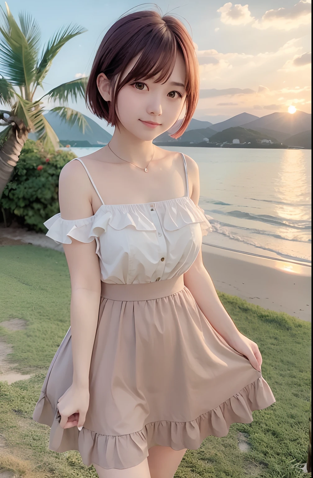 1girl, autumn, autumn_leaves, bangs, beach, blue_sky, blush, breasts, brown_hair, closed_mouth, cloud, cloudy_sky, collarbone, day, dress, field, flower, flower_field, horizon, lake, leaf, looking_at_viewer, mountain, mountainous_horizon, ocean, outdoors, palm_tree, petals, plant, red_flower, short_hair, skirt_hold, sky, smile, solo, standing, sunset, tree, twilight, water, white_dress, perfect eyes