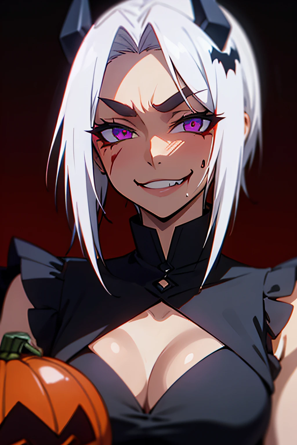 1girls,Schwarzes Kleid, Spaltung,upper body, Wimpern,White hair,Devil Horns, Blick auf den Betrachter, Rote Augen, nur,shinny skin,seios enormes,Halloween,skulls,Blut,Blut im Gesicht,Entsetzen \(Thema\),blasse Haut,evil grin,schwarzer Lippenstift ,covered in blood,Halloween,Pumpkin, Sexy