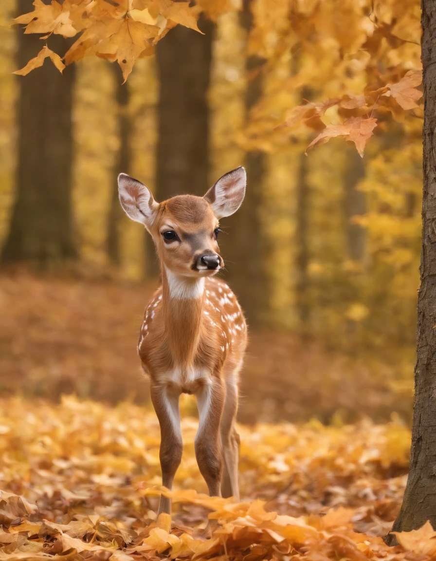 hyperrealistic glamour photo of a cute deer eating a maple leaf on a maple branch in a dark maple forest, autumn, beautiful eyes, sunlight, (high quality:1.2), extremely detailed fur, masterpiece, best quality, photograph, dreamlike, face focus, intricate details, sharp focus, photography, photorealism, photorealistic, soft focus, volumetric light, (masterpiece), (intricate details), (hyperdetailed), high detailed, lot of details, high quality, soft cinematic light, dramatic atmosphere, atmospheric perspective, raytracing, subsurface scattering