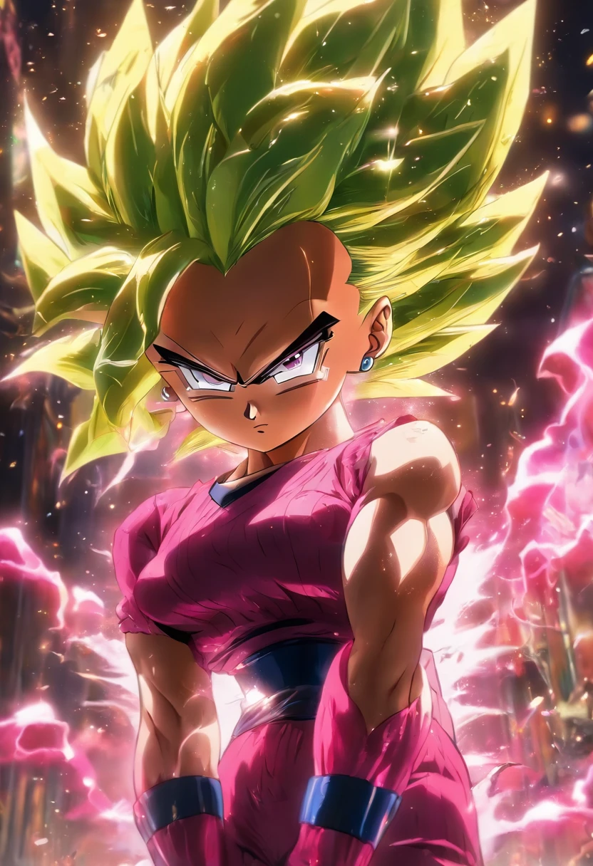 Beautiful illustration、highest qualityr、Cute girls、caulifla de dragon ball, woman super_saiyan, clenched fist, rayos al fondo, mujer sayajin, yellow_hair, green_eyes, 1girl, spiked_hair, energy, torn_clothes, joyas, aura, ropa roja, dramatic, acantilado, mirando al espectador、Un pelo amarillo 、longitud del cabello largo de sayajin 、cuerpo completo (((falda plisada rosa)))、(((Traje de marinero rosa)))、mangas cortas、Tetas colosales、un ombligo、Levantar la falda con las manos、Mostrar bragas blancas、Pull up your skirt and show your panties、con las piernas desnudas、ojos verdes、guerrera 、Muslos encantadores、muslo brillante, cuerpo completo, muestra pies, usa zapatos altos de tacon, cuerpo esvelto completo