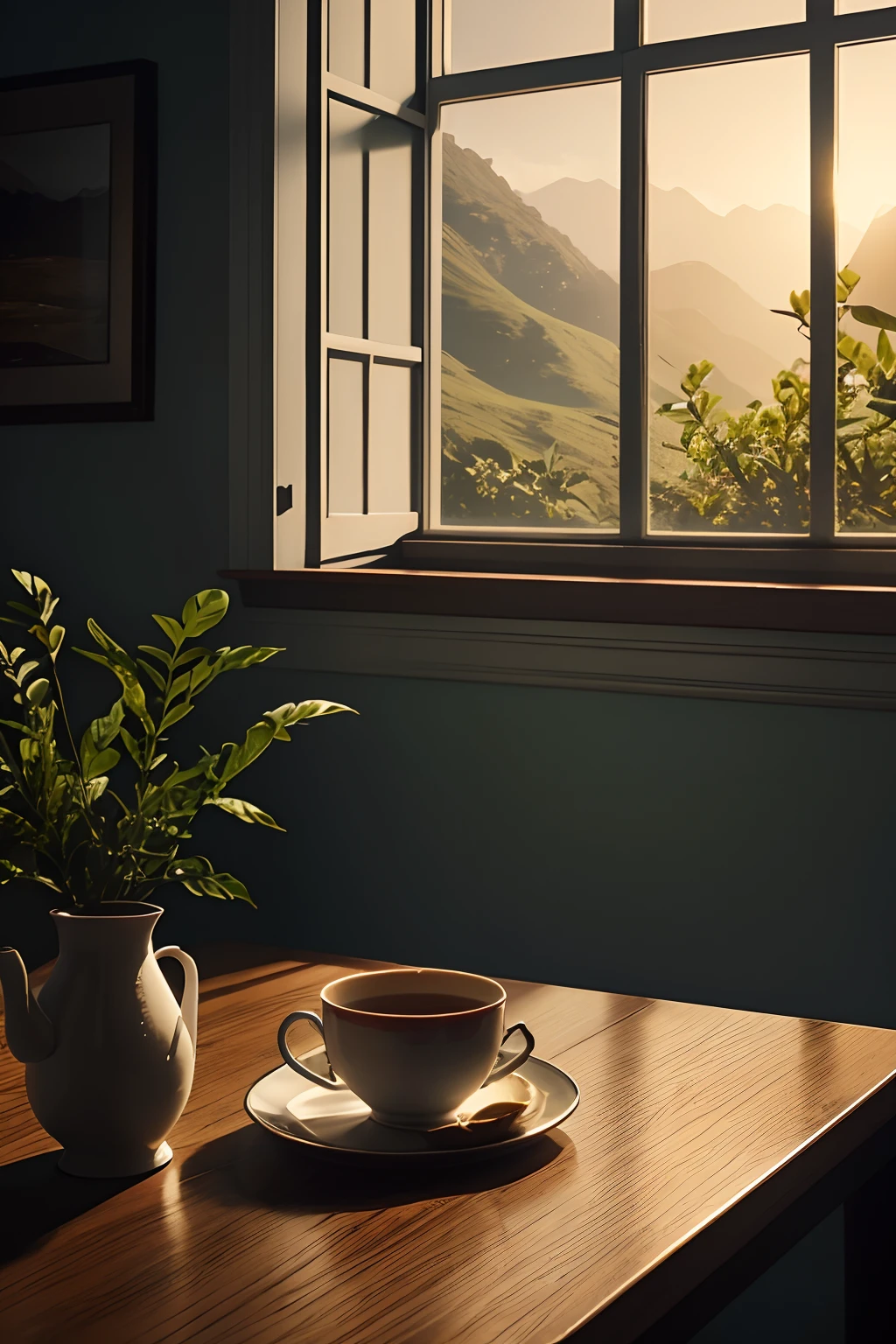 A cup of tea on the table，The background is a window, A cinematic scene, Perfect light, Beautiful composition, realisticlying, vegetation