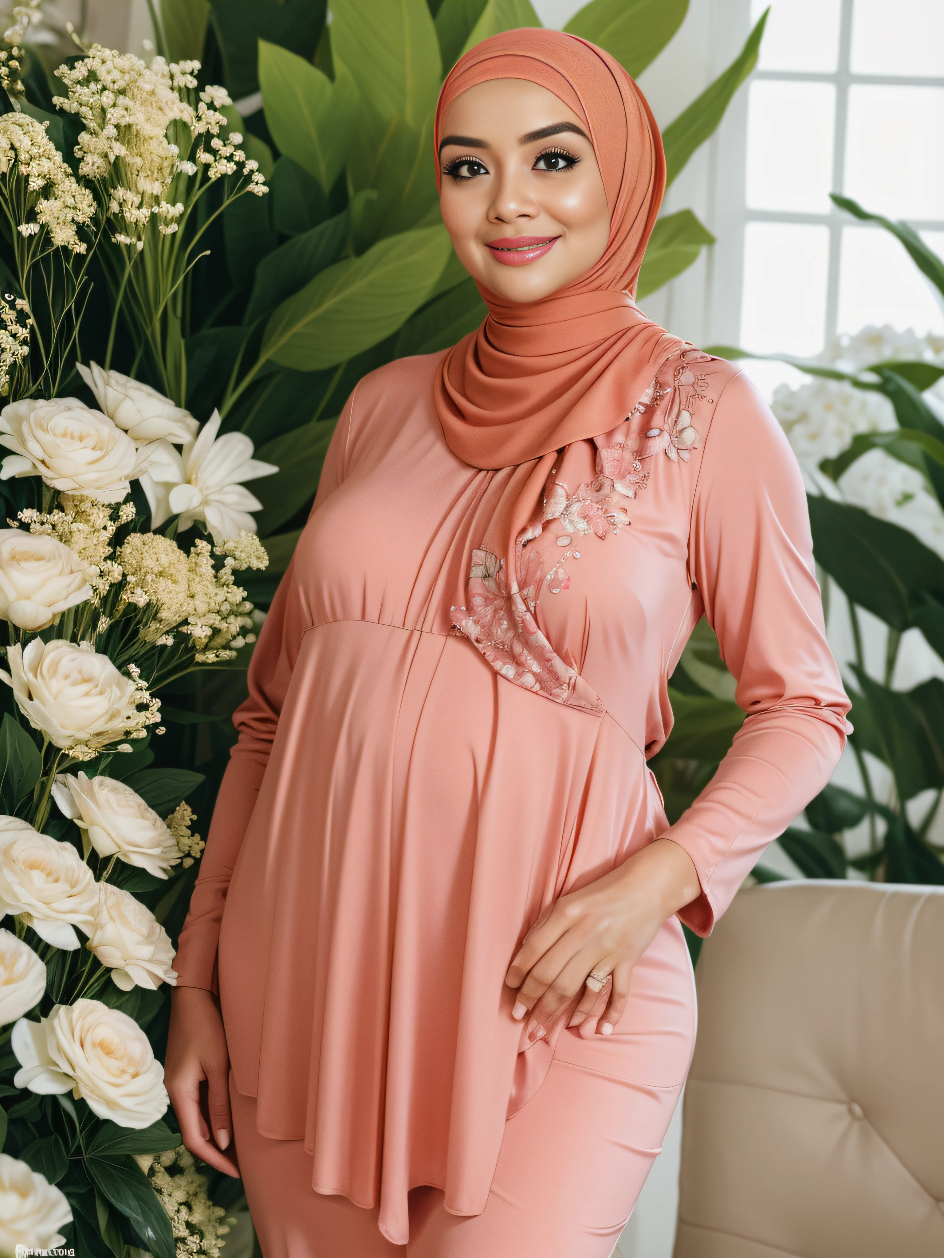 RAW, Best quality, high resolution, masterpiece: 1.3), beautiful Malay woman in hijab wear soft green Mini peplum Dress with floral pattern,(long sheer mini dress),(big breasts) , (masterpiece, perfect  body),(absurdres:1.3), walking, (detail skin:1.3, facial details:1.3), from above, looking at the viewer, sharp focus, smooth, (Malay beauty:1.3), (mature woman: 1.2), (large breasts:1.4, thick thighs:1.2, narrow:1.1) , sweet smile, (big_eyes:1.2, brown_eyes), red_eyeshadow, pink lips,looking at the viewer, street, (bokeh ),(sunlight on face:1.5), open_blazer, (pregnant 1.3)