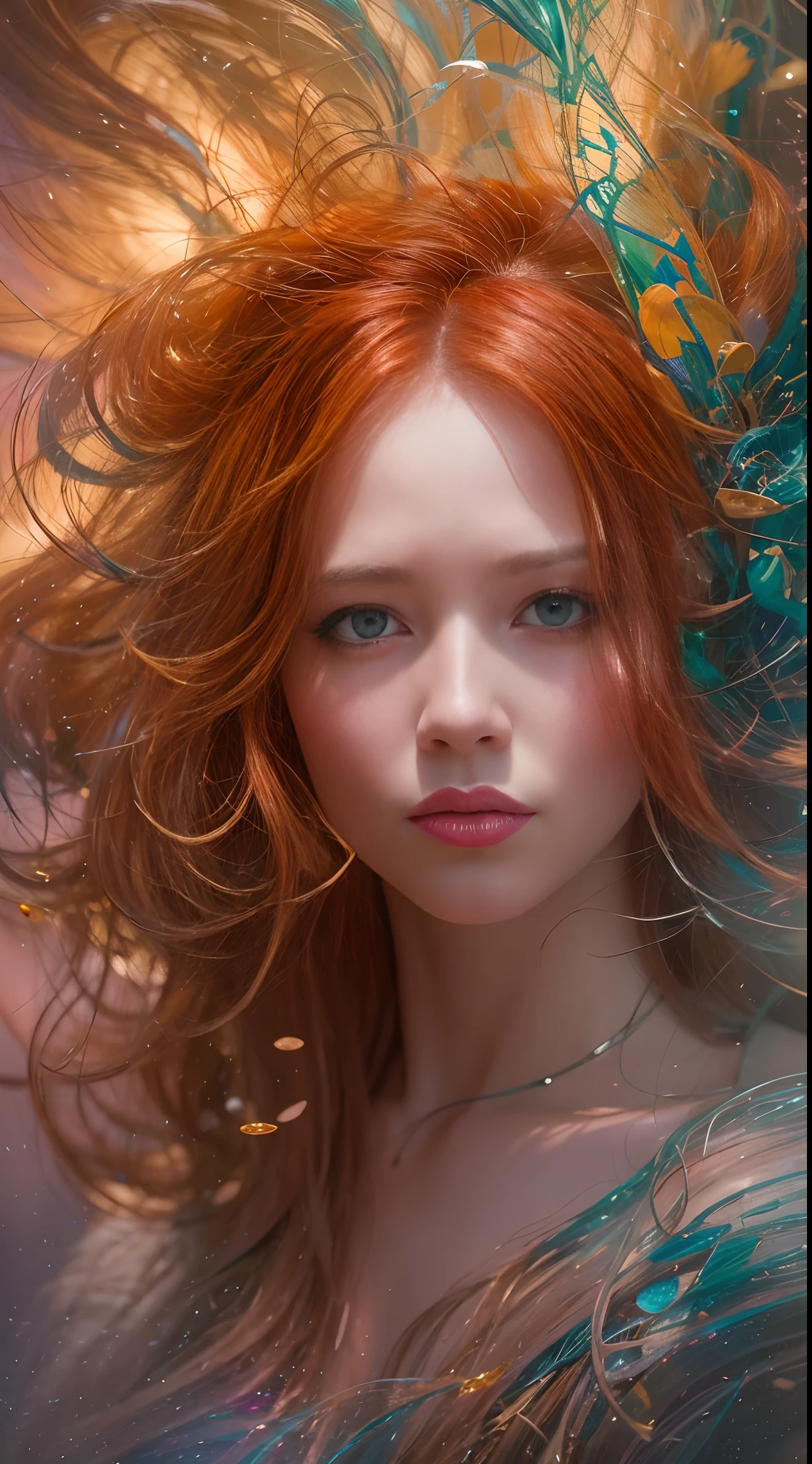 Fine art photography, analog photo a waist-length portrait, a skinny young woman with long hair wearing a sexy dress),(long ginger red curly wind floating hair),posing for fashion,(look to camera),(intricate splash of oil ink paint volumetric glowing abstract background:1.3), in the style of intimacy, dreamscape portraiture, solarization, shiny kitsch pop art, solarization effect, reflections and mirroring, photobash, (composition centering, conceptual photography),(extremely fine and beautiful),(perfect details), (detailed beautiful eyes:1.2),(beautiful face:1.2) ,detailed textures, photography, detailed photography,photoshadow, background rich in details, conceptual image,masterpiece, award winning photography,(intricate detailed of background)