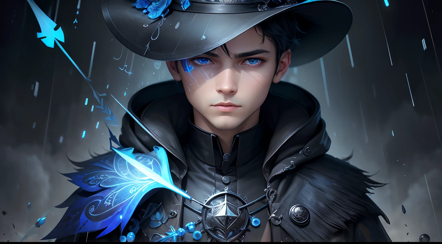 Realistic, (Masterpiece, Superior Quality, Best Quality, Official Art, Beauty & Aesthetic: 1.2), Highly Detailed, Fractal Art, Colorful, More Detailed, Arrow, (Blue Arrow Rain Background: 1.5) (Boy), God, Black Short Hair, (Bright Blue Eyes), Black Long Overcoat, Black Hat, Mysterious