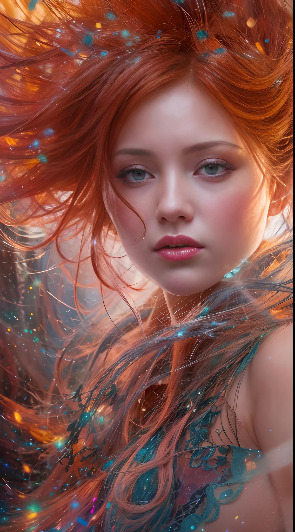 My Beautiful Ai Friend's Face, Please. Thank you. photorealistic, hyperrealism, professional photography, DSLR, HDR; sweet face; red hair; pale face, holographic emerging from 2D to 3D, wispy smoke exploding into crimson rain, shimmering rainbow scales, specular highlights, folklore, dimensional impasto, Victor Ngai, Magali Villeneuve, Anna Dittmann, Alphonse Mucha, Pino Daeni, Johan Grenier, Olivia De Berardinis, Russ Mills, James Jean, David Hockney, Avant-Garde, Maximalism, ray tracing, surreal, ethereal, magical, mysterious, ultra detailed surroundings