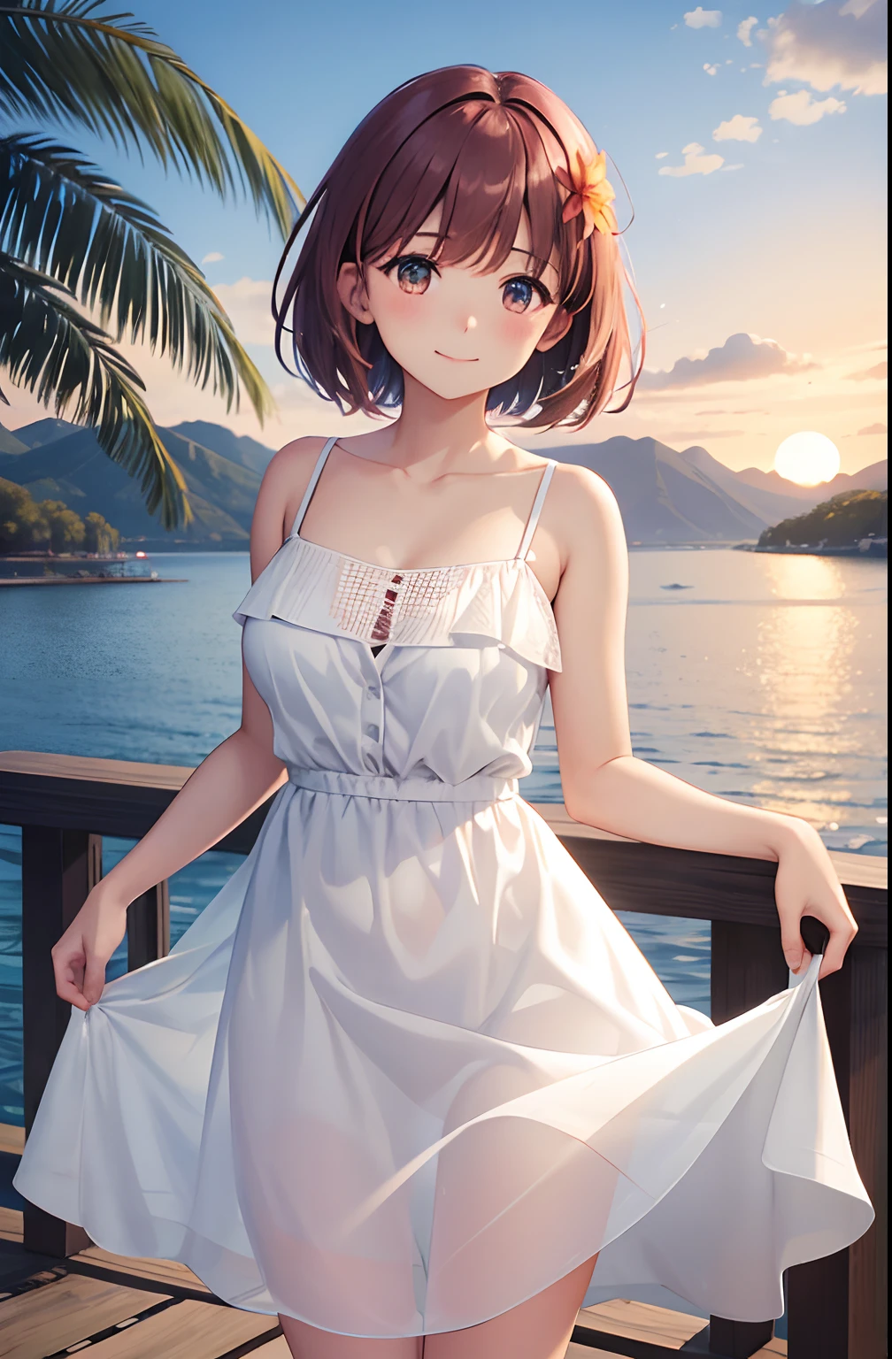 1girl, autumn, autumn_leaves, bangs, beach, blue_sky, blush, breasts, brown_hair, closed_mouth, cloud, cloudy_sky, collarbone, day, dress, field, flower, flower_field, horizon, lake, leaf, looking_at_viewer, mountain, mountainous_horizon, ocean, outdoors, palm_tree, petals, plant, red_flower, short_hair, skirt_hold, sky, smile, solo, standing, sunset, tree, twilight, water, white_dress, perfect eyes