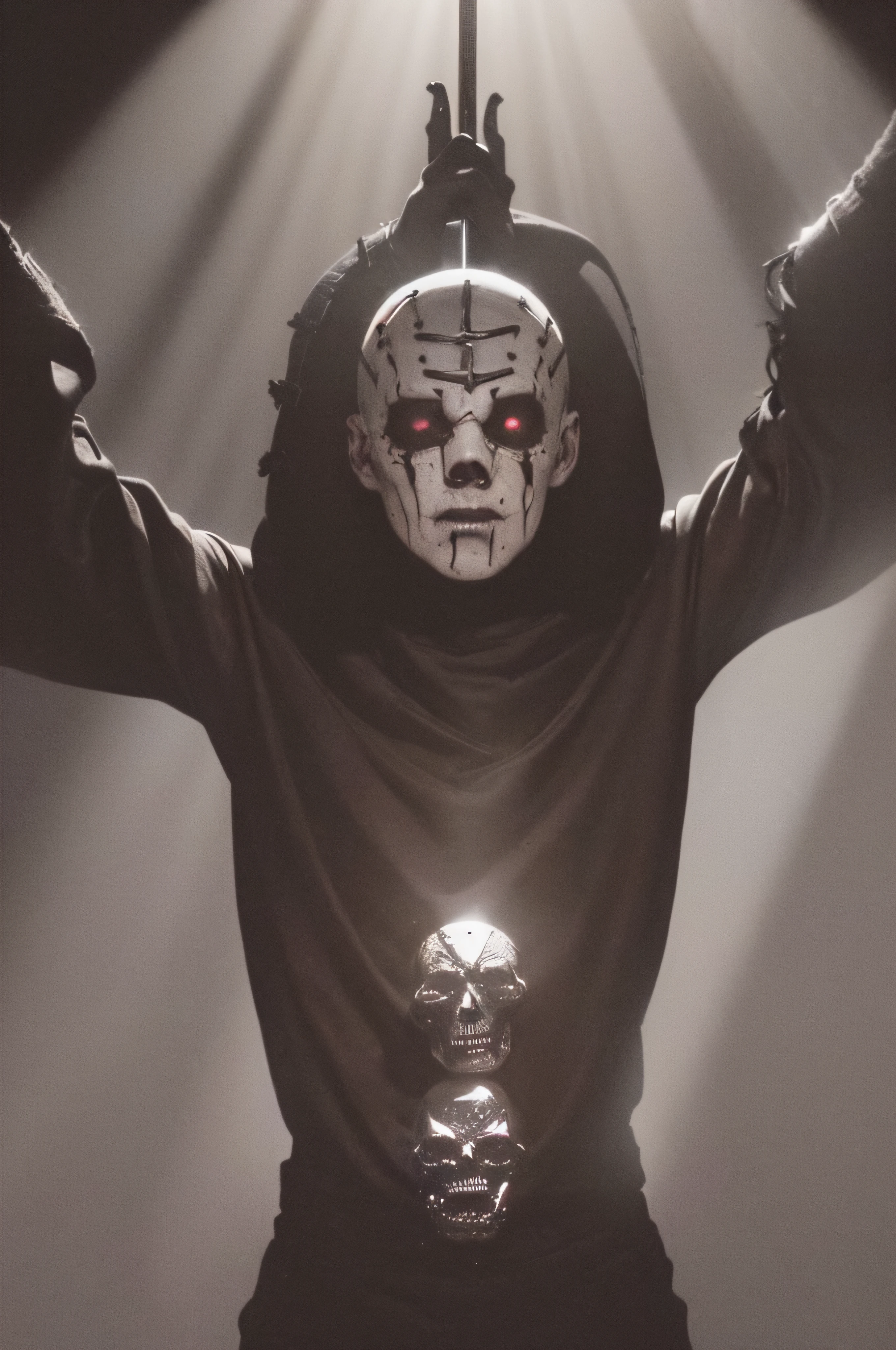 "(The best lighting, oscuro, dramatic),(feto calavera alien, Hellraiser, Cicatrices, , sexy, cerebro, sangre, una rata dentro de la cabeza, terror.),(ojos rojos, calaveras). morning light.