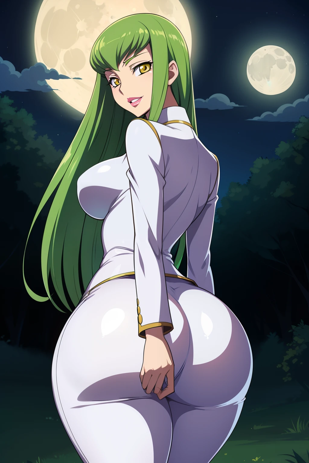 Code Geass, C.C, 1girl, (((bimbo))), long green hair, yellow eyes, puffy lips, painted lips, thick lips, wide hips, thick thighs, medium breasts, cute smile, shiny skin, White suit, huge round ass, Woods, night time, moon, looking back