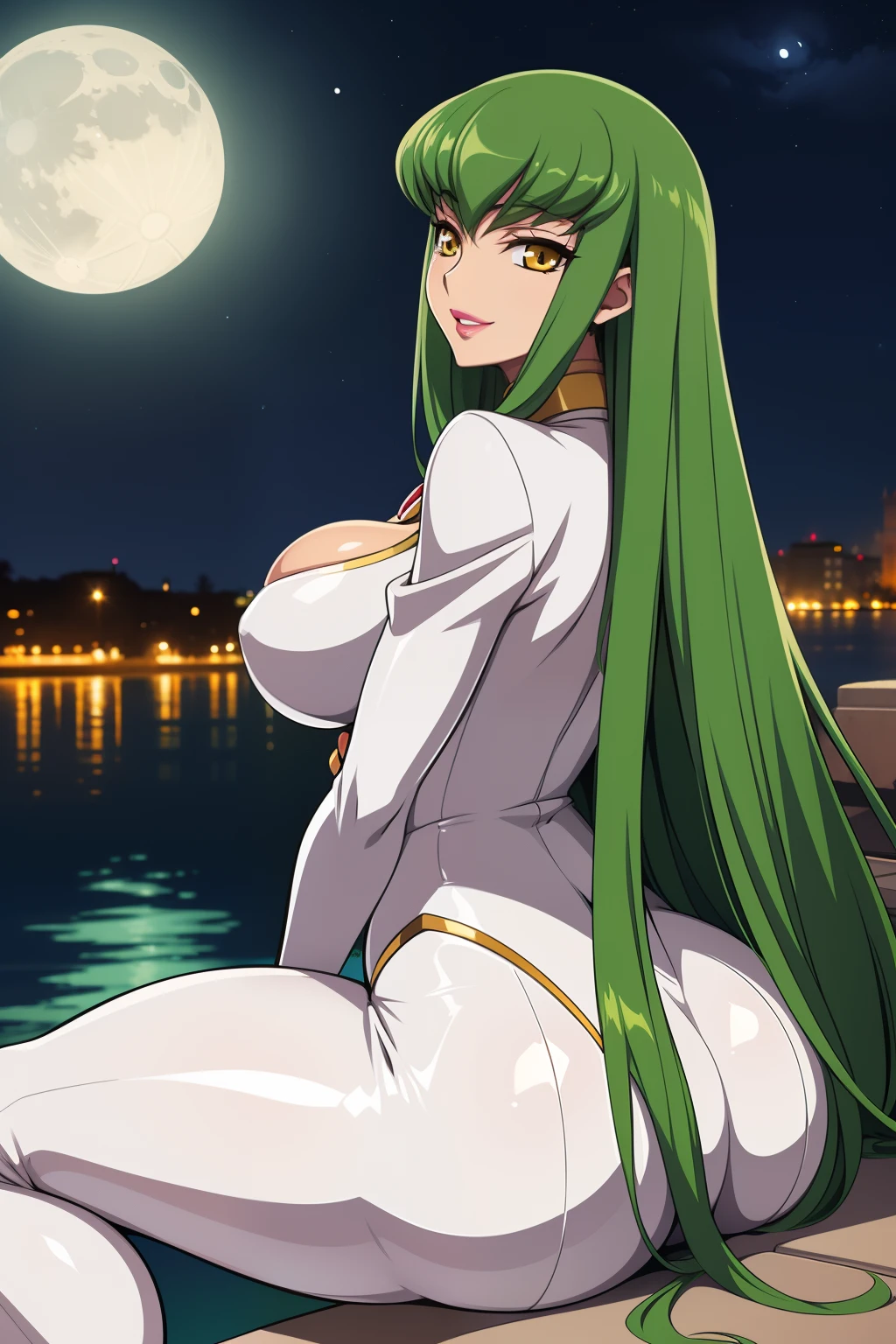 Code Geass, C.C, 1girl, (((bimbo))), long green hair, yellow eyes, puffy lips, painted lips, thick lips, wide hips, thick thighs, medium breasts, big smile, shiny skin, White suit, huge round ass, sitting, night time, moon, looking back