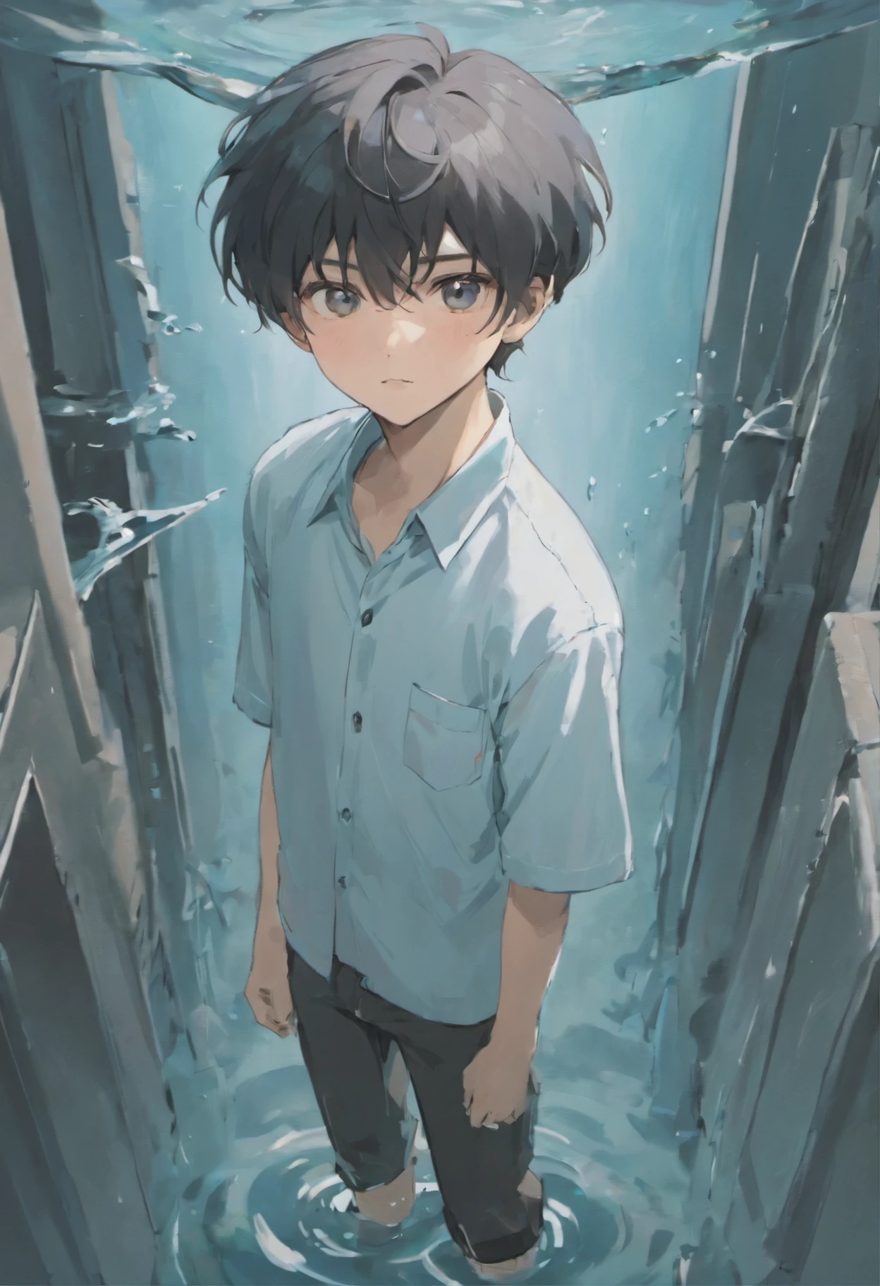 Anime Boy (18 year old) wearing white plain school shirt hand on his pocket of pant water in canvas holding a bottle of water high quality image, Cinematic, Cinematic Light, Realistic, 3d Rendering, Highly Detailed Face, Highly Detailed, Realistic Appearance, , Realistic Girl, Highly Detailed black Hair