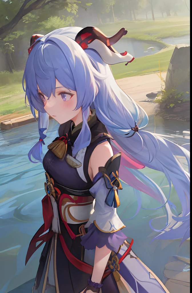((1girl, solo)), masterpiece, superlative, portrait, hyperdetail, illustration, close-up, gorgeous background, straight shot, blue hair, purple eyes, (focus on face), looking into the distance, forest, sun, wind, butterfly, studio lighting, horizontal axis, tree, lake, standing, ganyu \(genshin impact), double horn, bare shoulders, tights