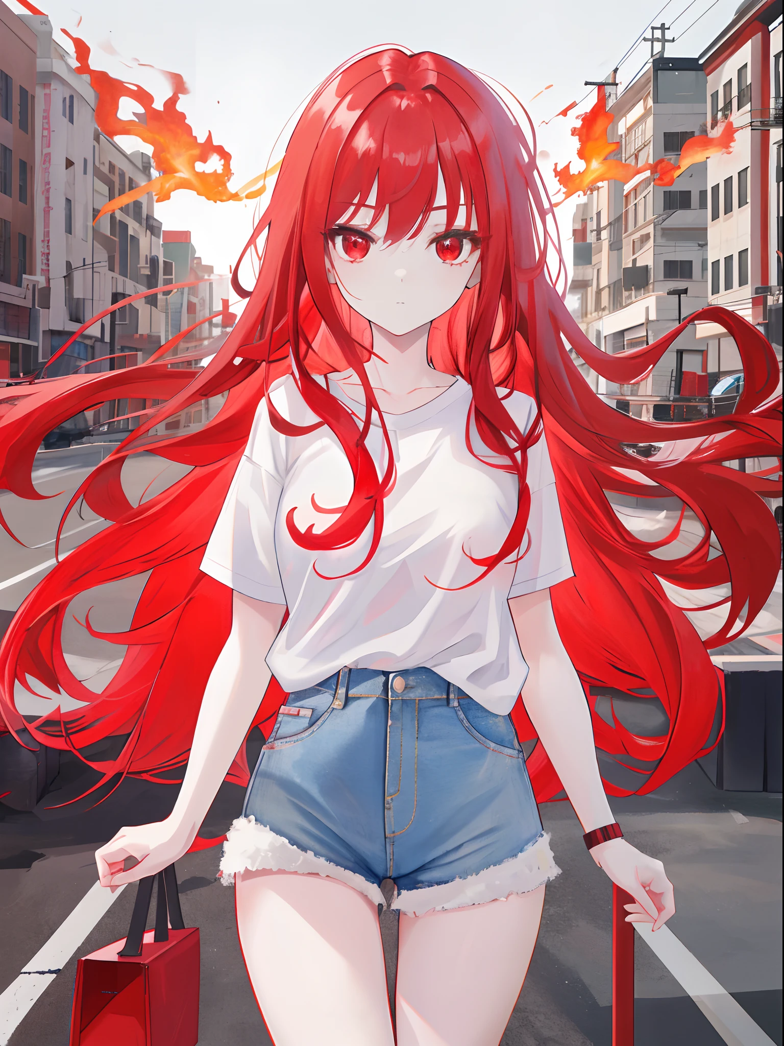 1girl, Long red hair, red eyes, perfect face, wearing plain white shirt, denim shorts,fire, city, absurdres, high res, ultra sharp, 8K, masterpiece, looking at viewer