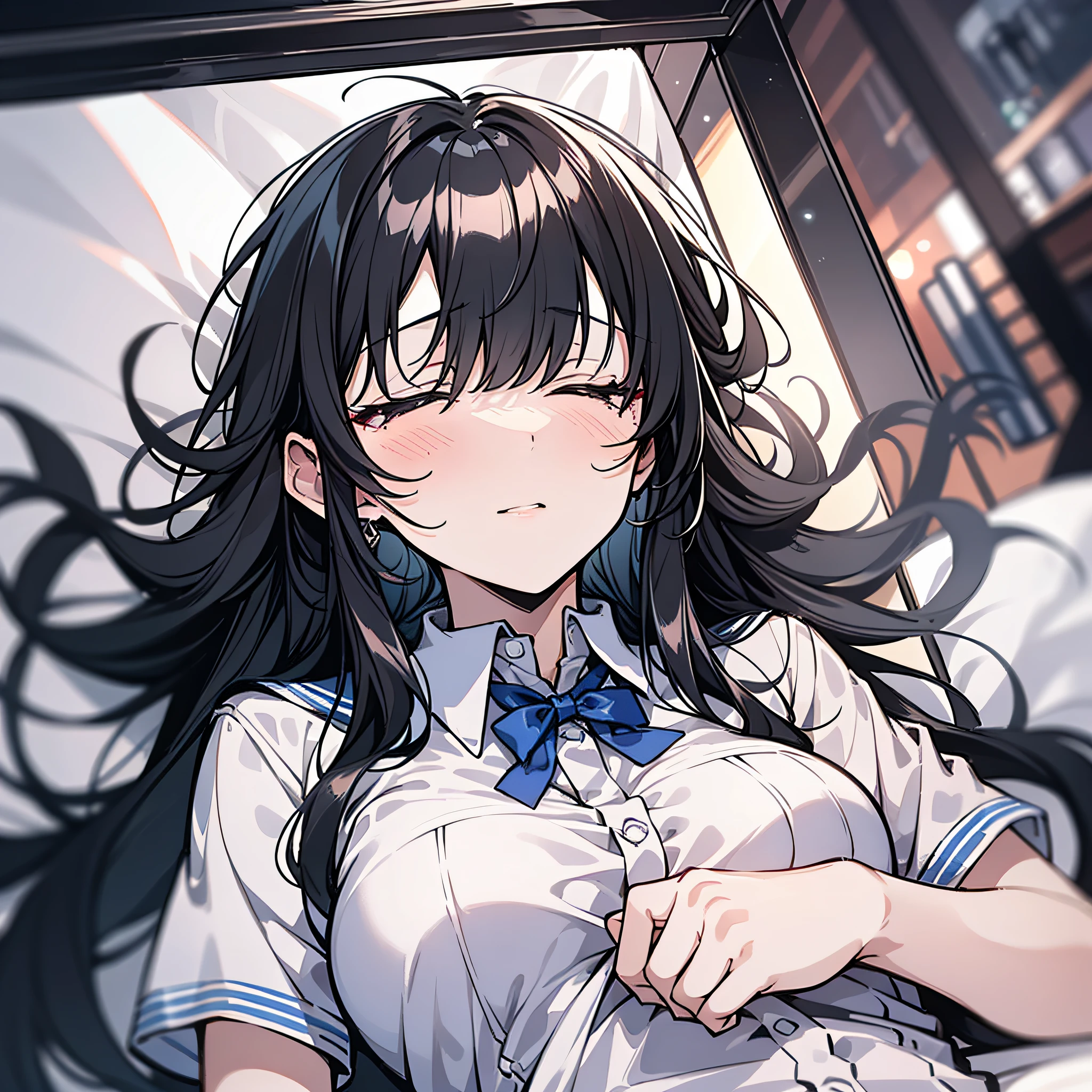 A girl with long black hair,Wearing a white school uniform,Unconscious in a hospital bed(Close your eyes1.5)(Pale1.5)(Unconscious personnel 1.5)(Background hospital ward:1.5),Anime style 4K,Anime rendering,style of anime,8K fineness,(Upper body display:1.5)(Cinematic lighting:1.5)