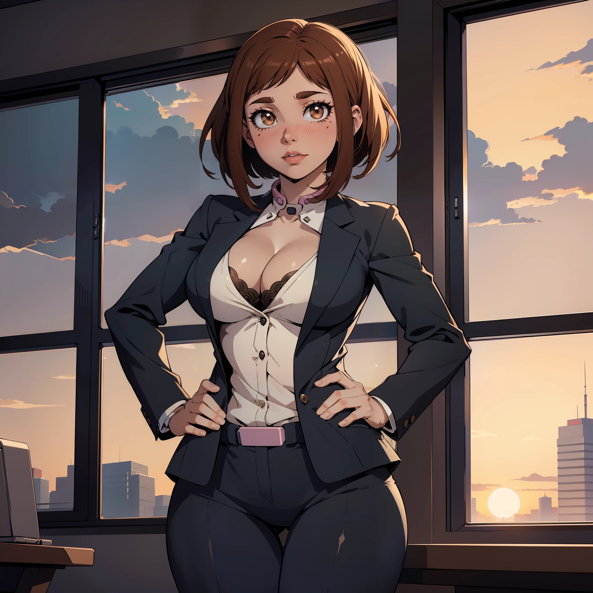 (highres, high quality:1.3), intricate details, cinematic lighting, sharp focus, depth of field, Ochaco Uraraka
Ochaco Uraraka, 1girl, solo, mature female, looking at viewer, standing, hands on hips, office, window, evening, sunset,
serious, makeup, lipstick, (mole under mouth:0.8), eyelashes, detailed eyes, perfect face,
business suit, formal, skirt suit, jacket suit,
large breasts, cleavage, thighs, see lingerie