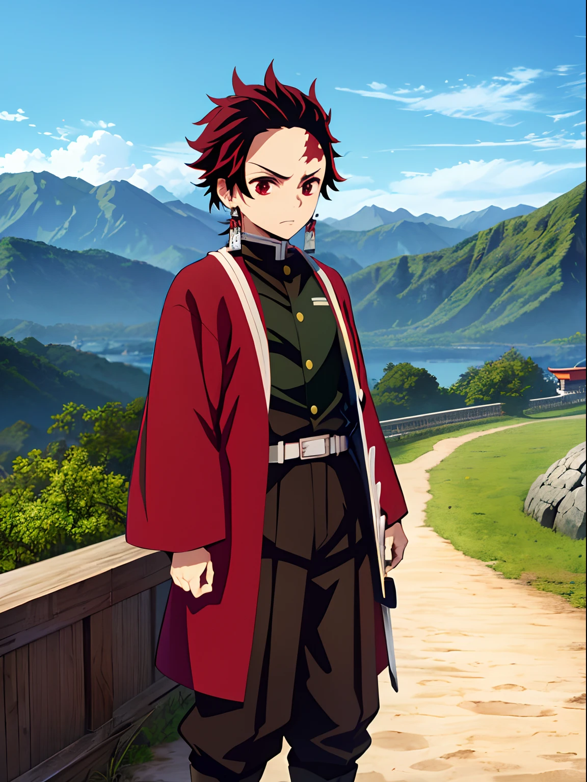 An outrageous decision、high-resolution、(巨作:1.4)、A highly detailed、Shimitsu No Yayba Style, Kamado Tanjiro, Calm expressions、demon slayer uniform, male focus, Weapon,knives , earrings, fang, jewelry, bloomers, Scar on the forehead, brown-haired, Belt bag, black trousers, Komono, haori, Checkered pattern、Green Houri, Long Haori、独奏, red eyes, long-sleeved, anime coloring, (((Masotpis)),mountains, fighting, assail