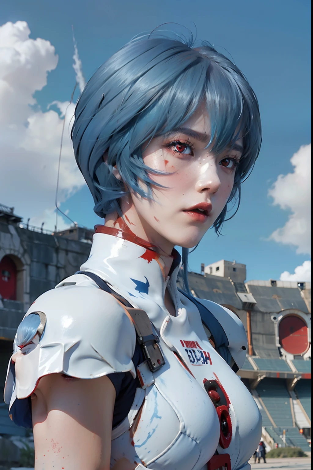 Ayanami rei, gladiator suit, fighting, coliseum, action, fighter, sweating, daylight, extremely beautiful eyes, extremely beautiful face, (red eyes:1.5), (sky blue hair:1.5)